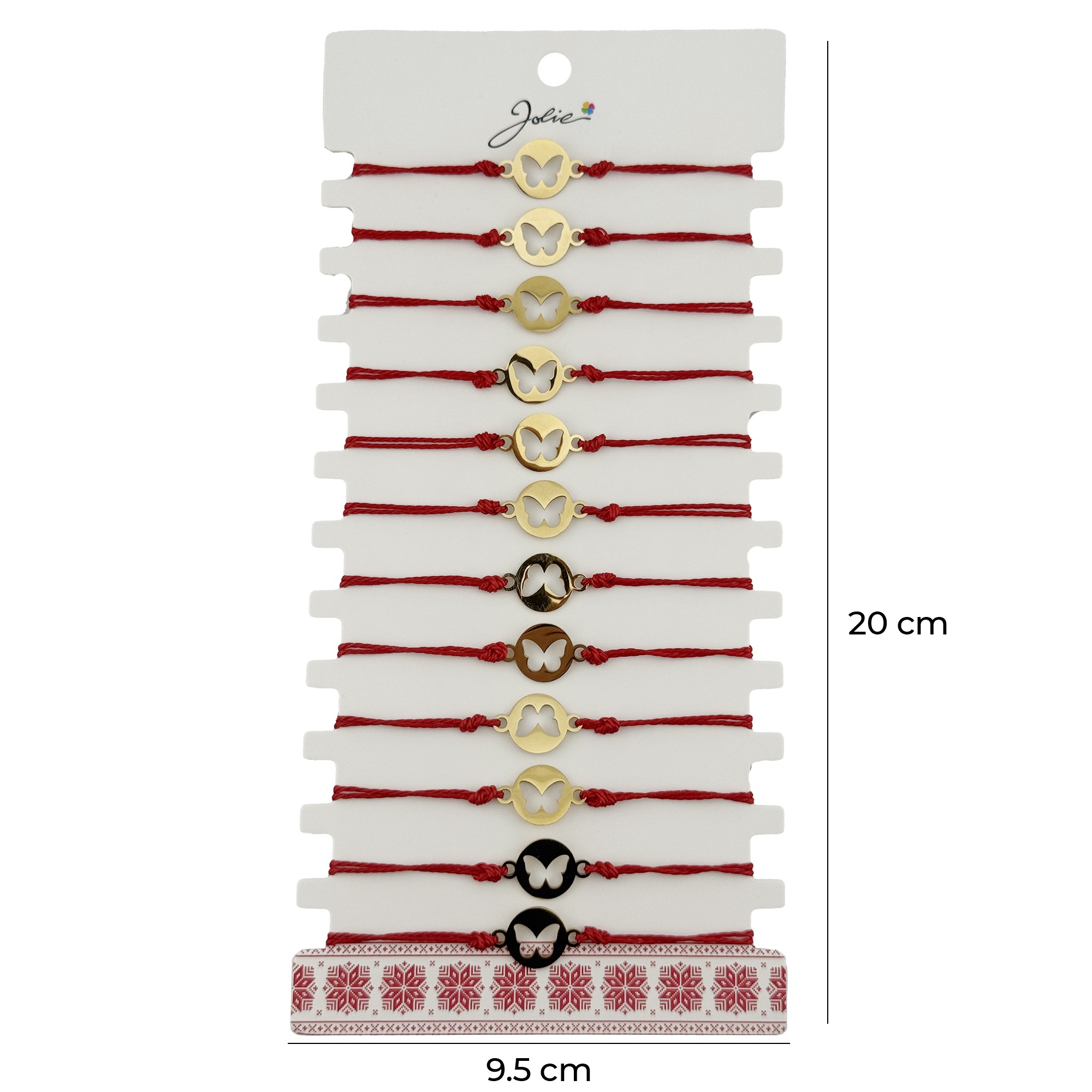 Bratara Martisor pentru Dama, Jolie, Model Fluture in Moneda, Set 12 bucati, Pandativ Auriu din Inox cu Snur Rosu Ajustabil