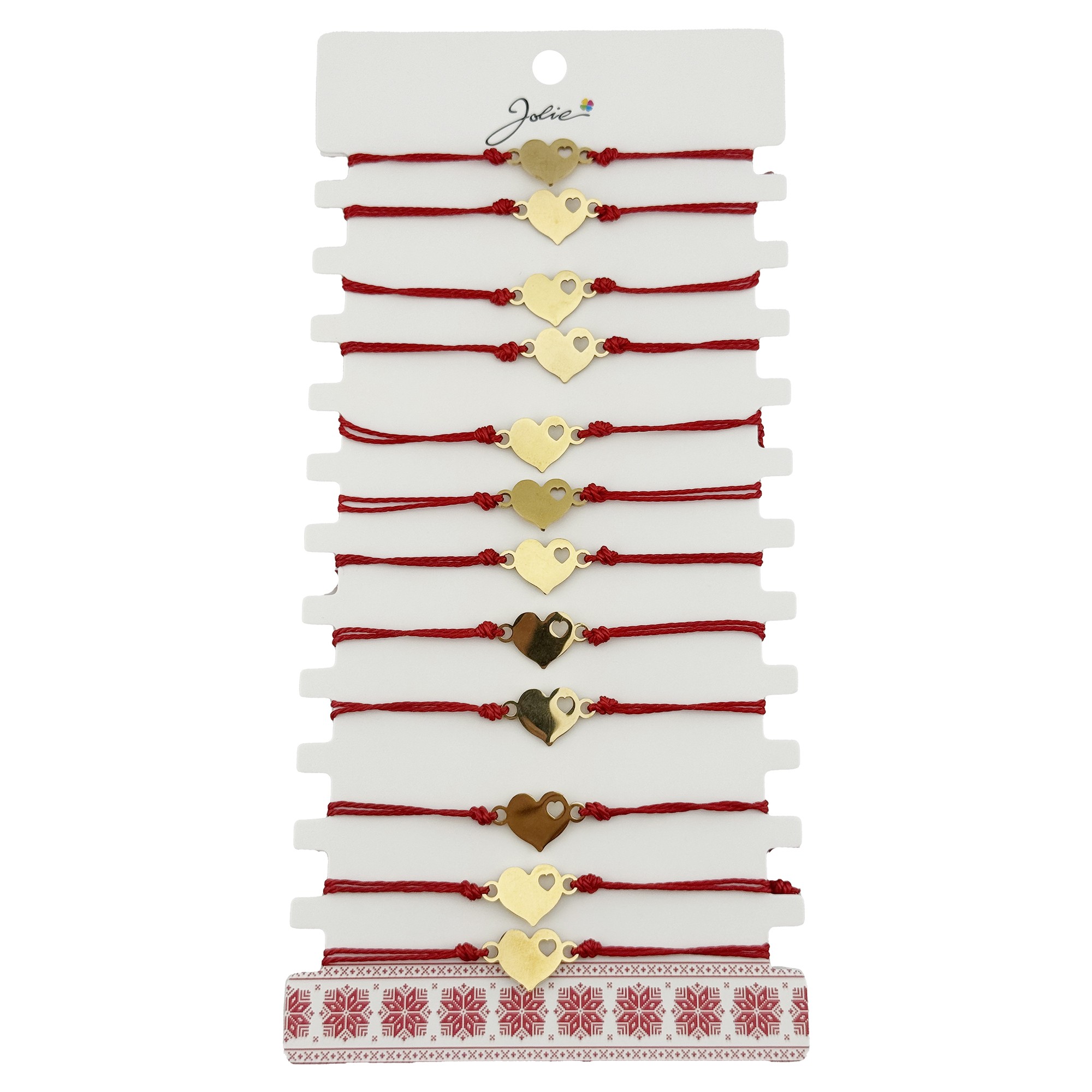 Bratara Martisor pentru Dama, Jolie, Model Inima mica, Set 12 bucati, Pandativ Auriu din Inox cu Snur Rosu Ajustabil