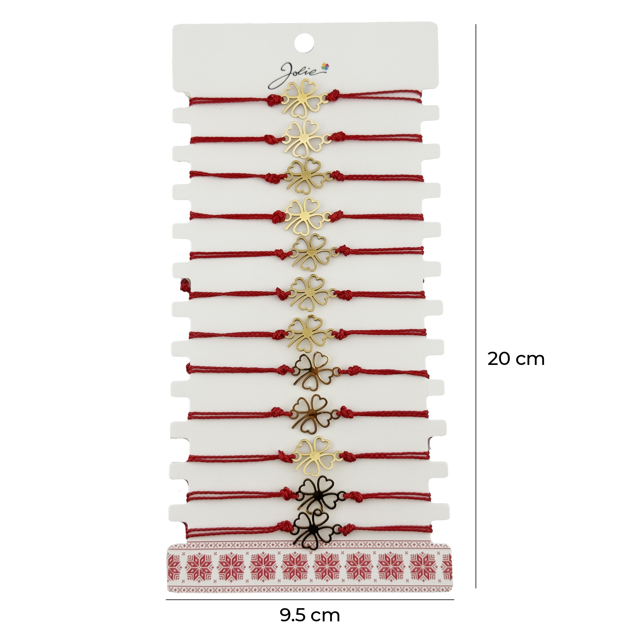Bratara Martisor pentru Dama, Jolie, Model Trifoi in Contur, Set 12 bucati, Pandativ Auriu din Inox cu Snur Rosu Ajustabil