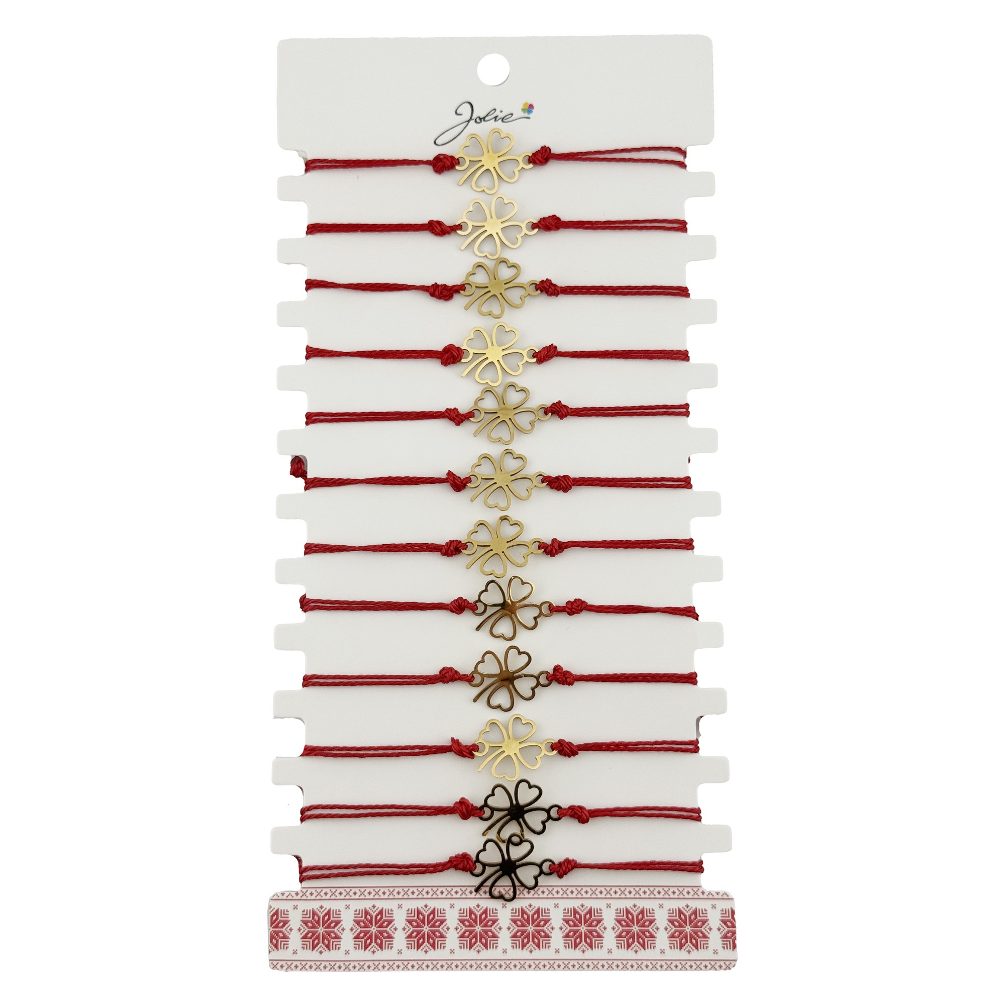 Bratara Martisor pentru Dama, Jolie, Model Trifoi in Contur, Set 12 bucati, Pandativ Auriu din Inox cu Snur Rosu Ajustabil