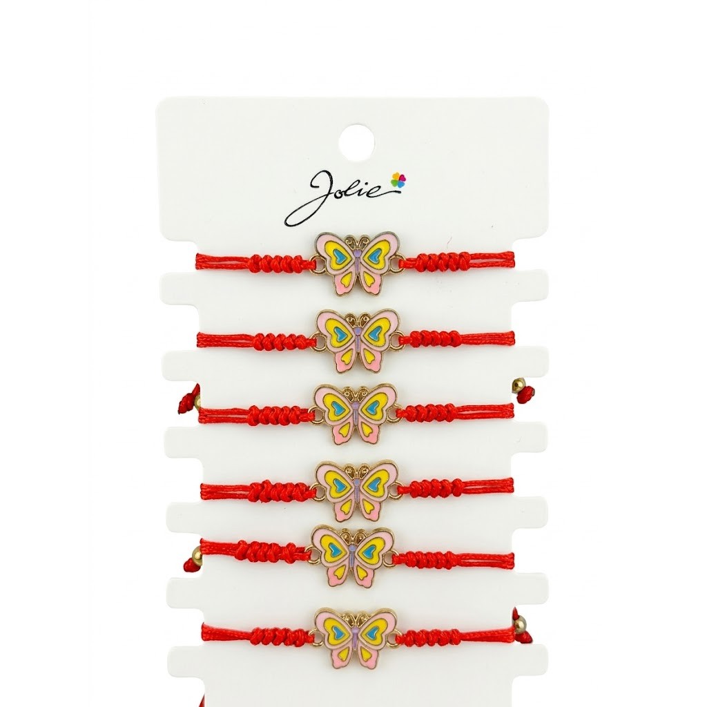 Bratara Martisor Pentru Dama, Jolie, Model Fluture, Set 12 Bucati, Pandativ din Aliaj cu Print, Snur Ajustabil Impletit, Multicolor