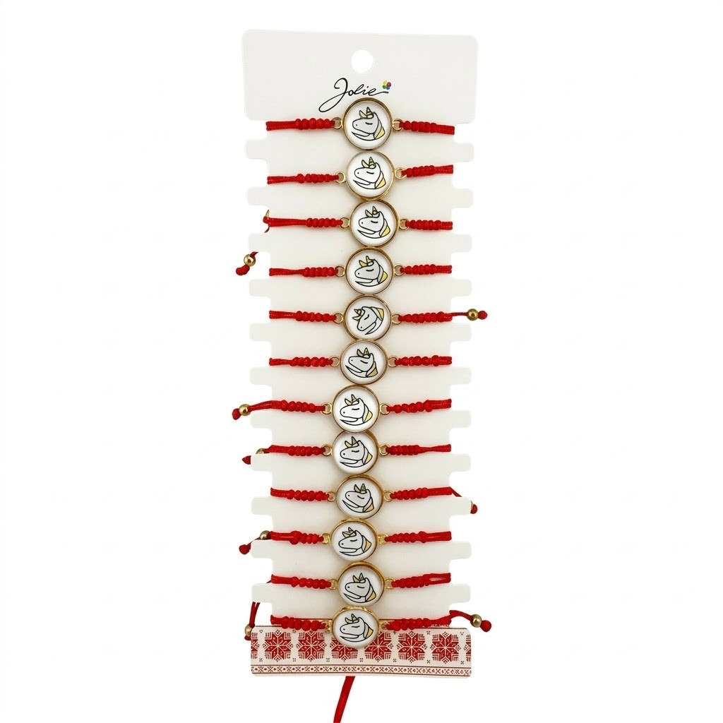 Bratara Martisor Pentru Dama, Jolie, Model Unicorn, Set 12 Bucati, Pandativ din Aliaj cu Print, Snur Ajustabil Impletit, Multicolor