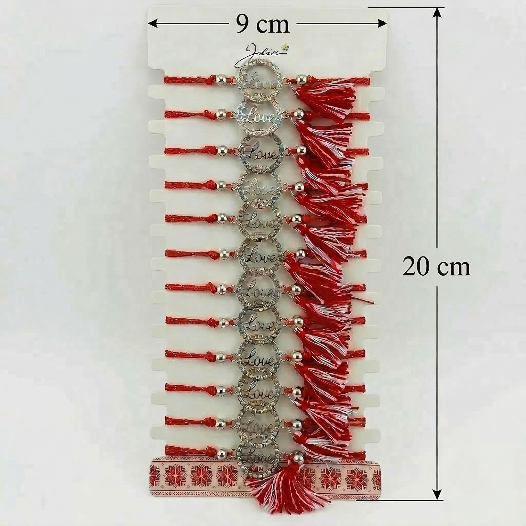 Bratara Martisor pentru Dama, Jolie, Model Love, Set 12 bucati, Pandativ din Aliaj cu Cristale, Snur Ajustabil Impletit, Alb/Rosu