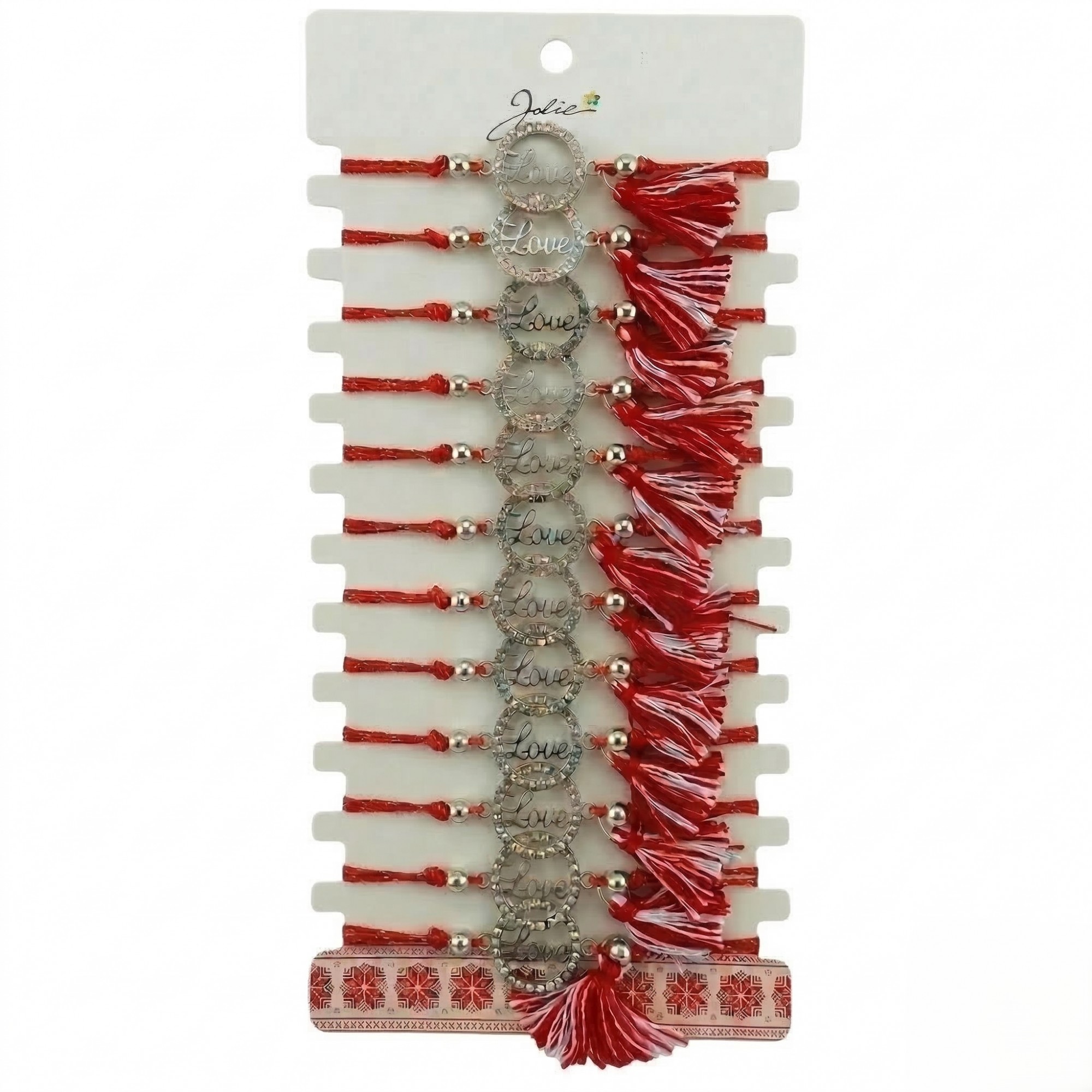 Bratara Martisor pentru Dama, Jolie, Model Love, Set 12 bucati, Pandativ din Aliaj cu Cristale, Snur Ajustabil Impletit, Alb/Rosu