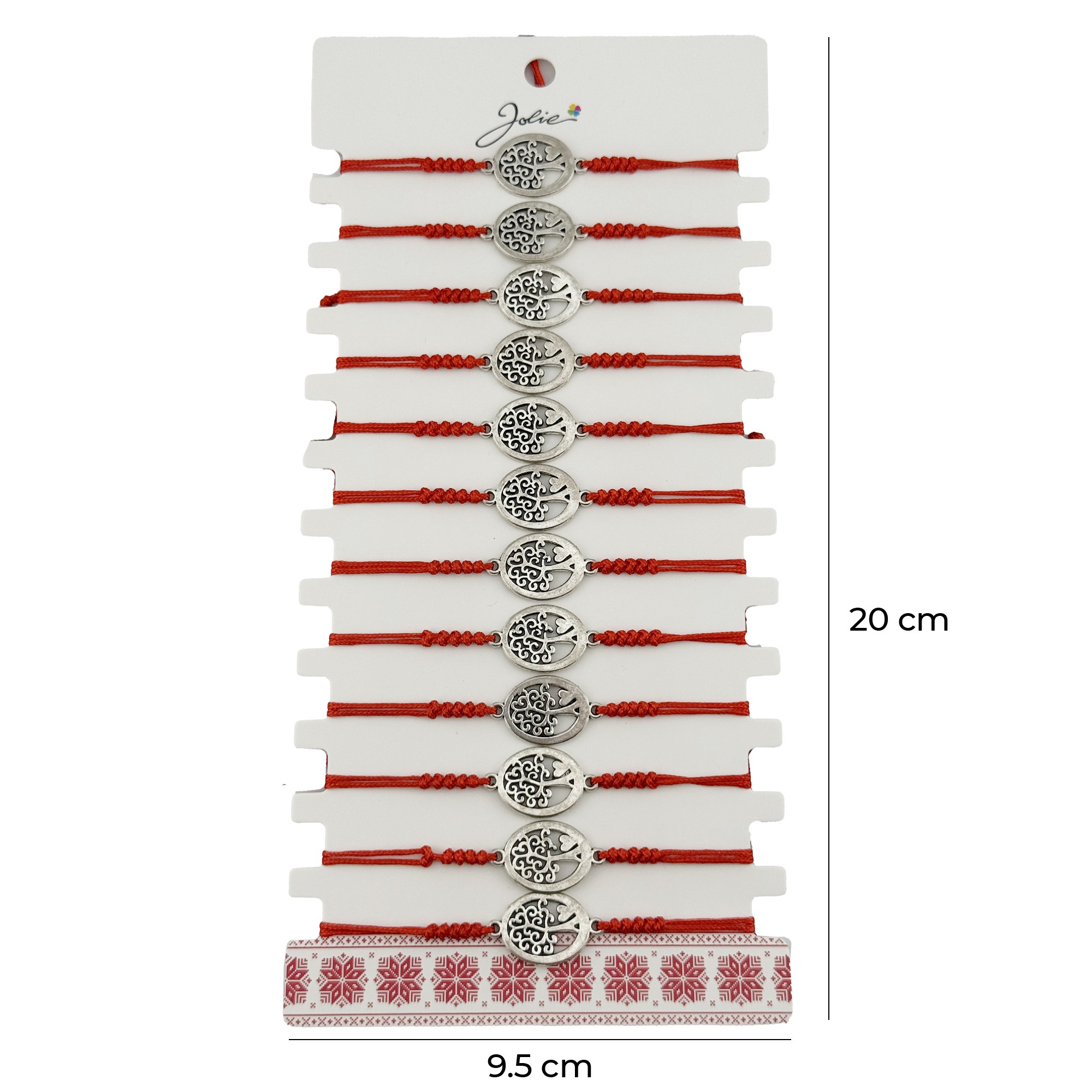 Bratara Martisor pentru Dama, Jolie, Model Copac Rotund, Set 12 bucati, Pandativ Argintiu din Inox cu Snur Rosu Ajustabil