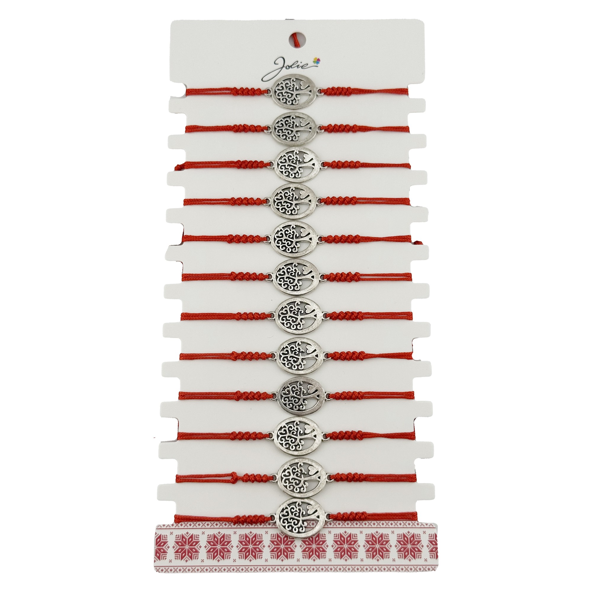 Bratara Martisor pentru Dama, Jolie, Model Copac Rotund, Set 12 bucati, Pandativ Argintiu din Inox cu Snur Rosu Ajustabil