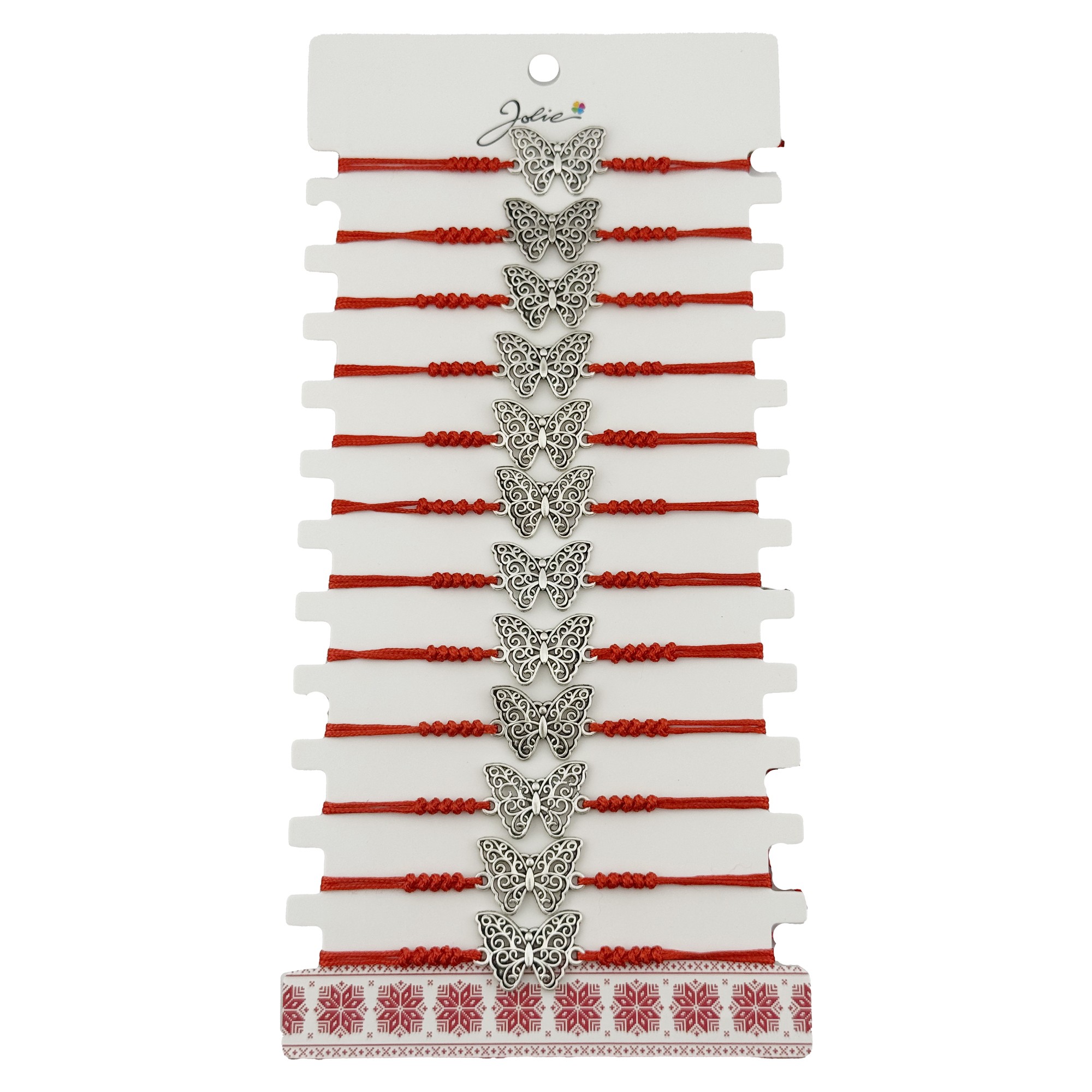 Bratara Martisor pentru Dama, Jolie, Model Fluture, Set 12 bucati, Pandativ Argintiu din Inox cu Snur Rosu Ajustabil