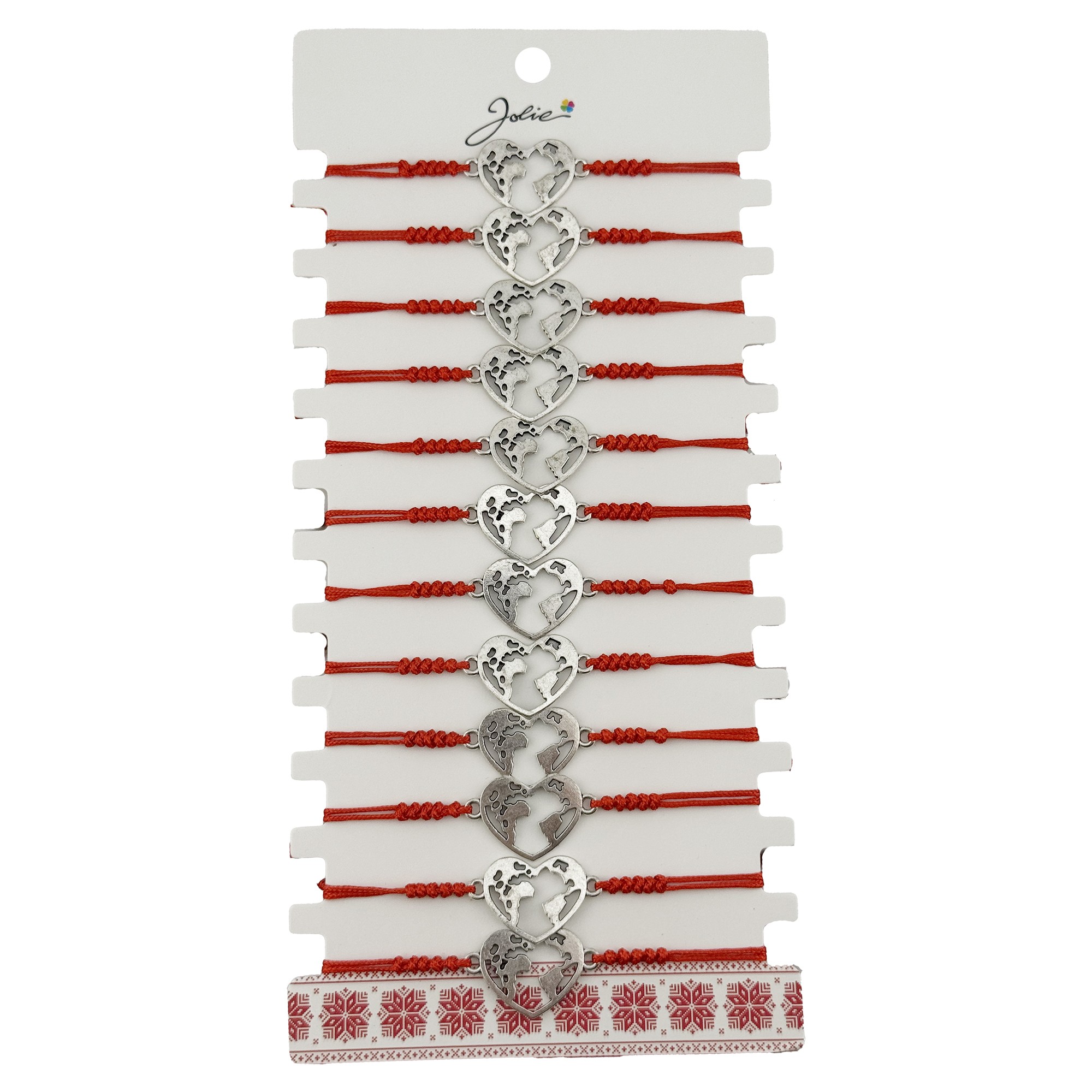 Bratara Martisor pentru Dama, Jolie, Model Inima Glob, Set 12 bucati, Pandativ Argintiu din Inox cu Snur Rosu Ajustabil