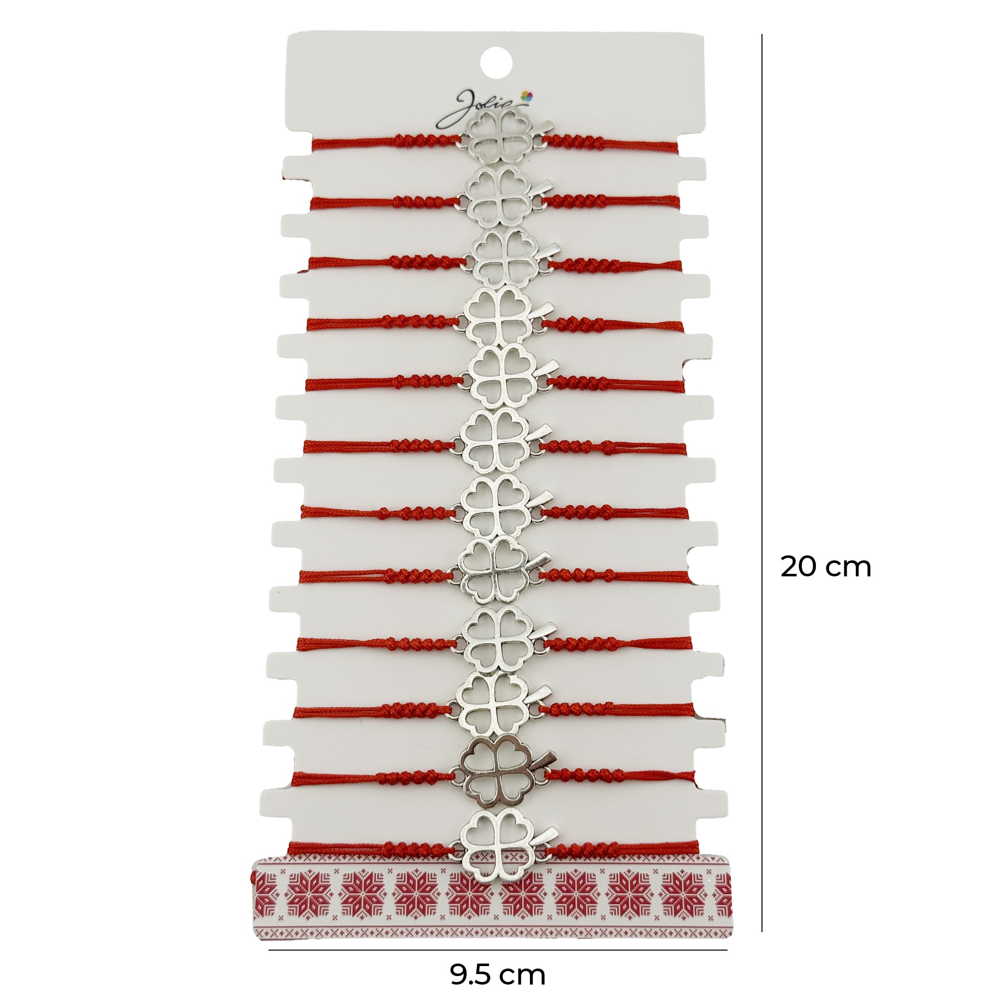 Bratara Martisor pentru Dama, Jolie, Model Trifoi in Contur, Set 12 bucati, Pandativ Argintiu din Inox cu Snur Rosu Ajustabil