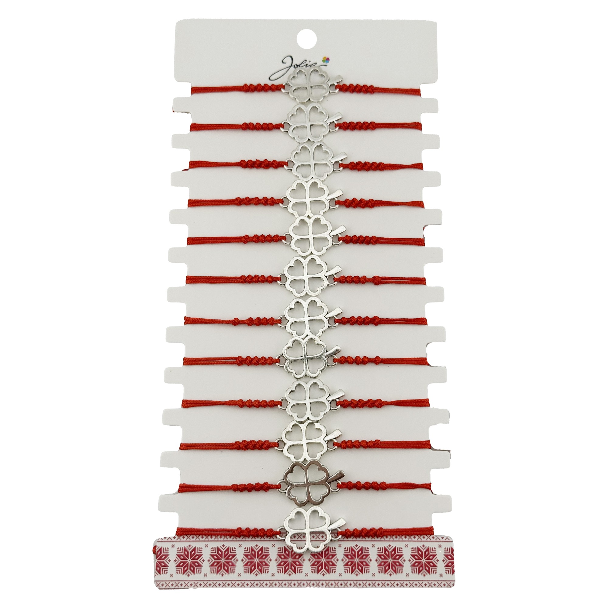 Bratara Martisor pentru Dama, Jolie, Model Trifoi in Contur, Set 12 bucati, Pandativ Argintiu din Inox cu Snur Rosu Ajustabil