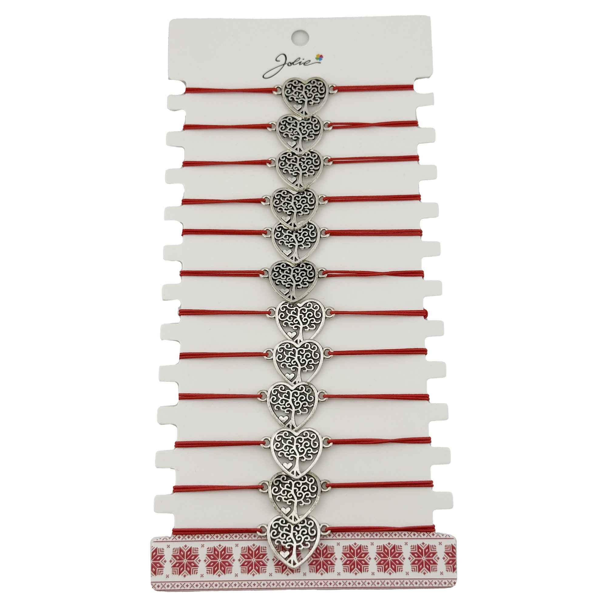 Bratara Martisor pentru Dama, Jolie, Model Copac in Inima, Set 12 bucati, Pandativ Argintiu din Inox cu Snur Rosu Ajustabil