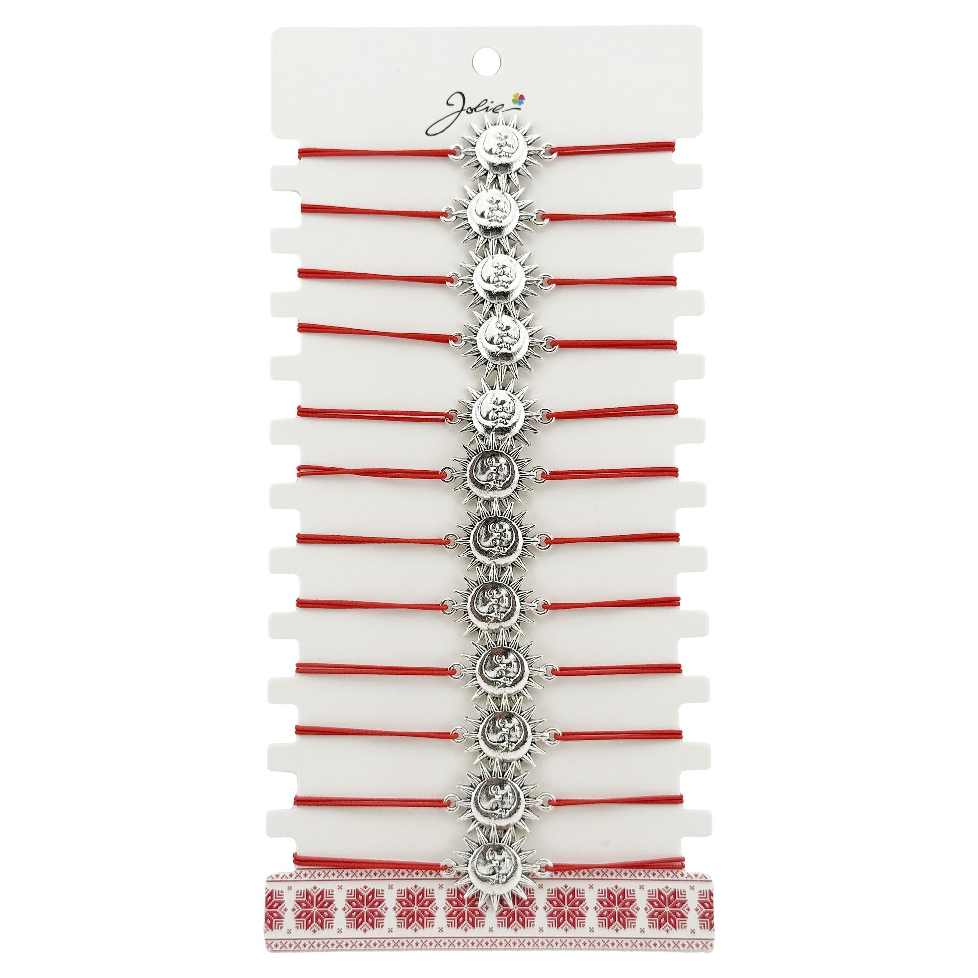 Bratara Martisor pentru Dama, Jolie, Model Soare, Set 12 bucati, Pandativ Argintiu din Inox cu Snur Rosu Ajustabil
