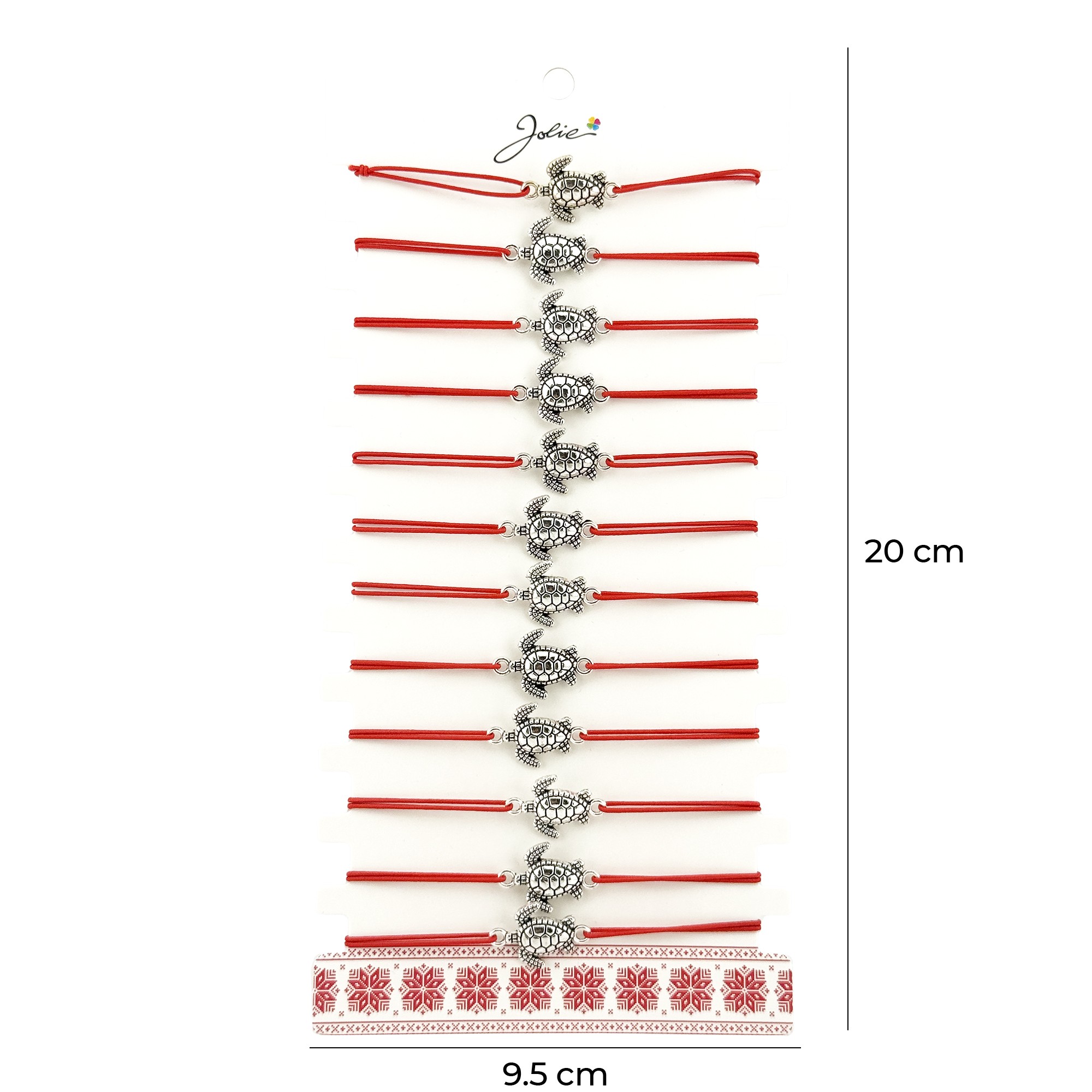 Bratara Martisor pentru Dama, Jolie, Model Broasca Testoasa, Set 12 bucati, Pandativ Argintiu din Inox cu Snur Rosu Ajustabil