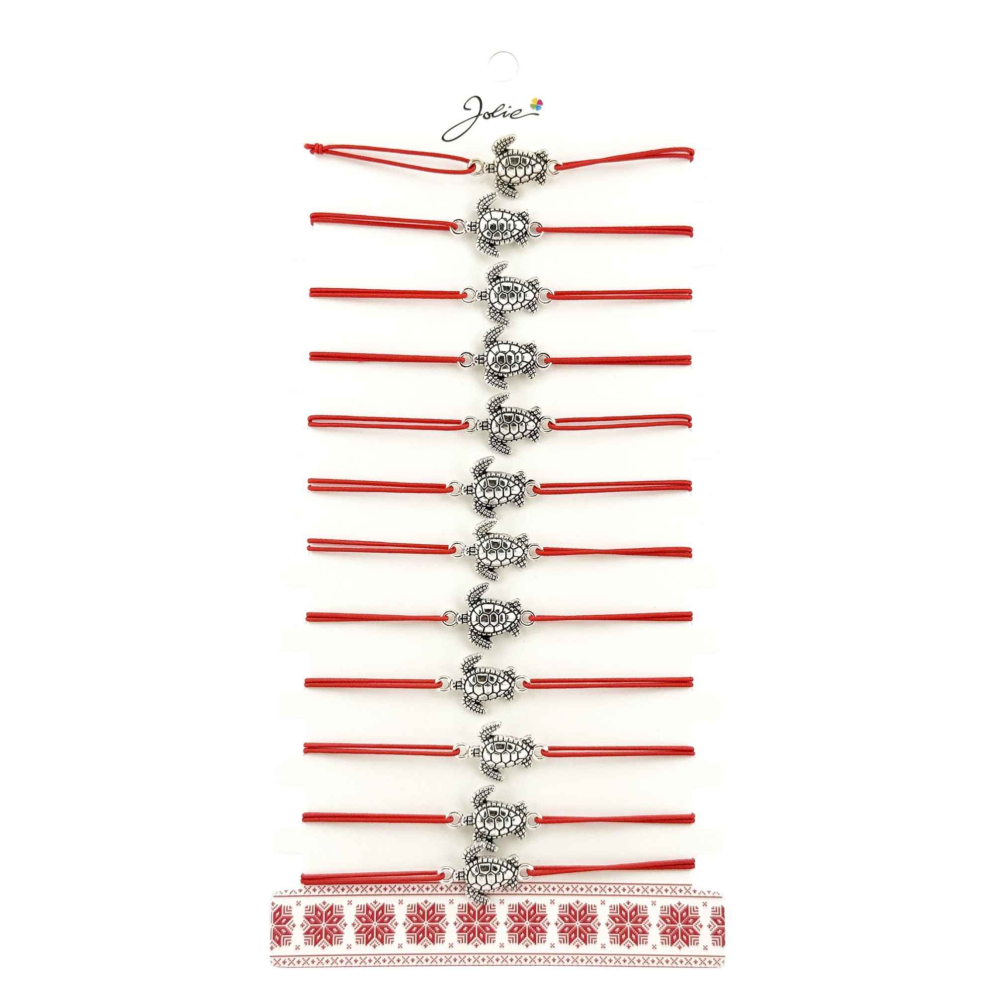 Bratara Martisor pentru Dama, Jolie, Model Broasca Testoasa, Set 12 bucati, Pandativ Argintiu din Inox cu Snur Rosu Ajustabil