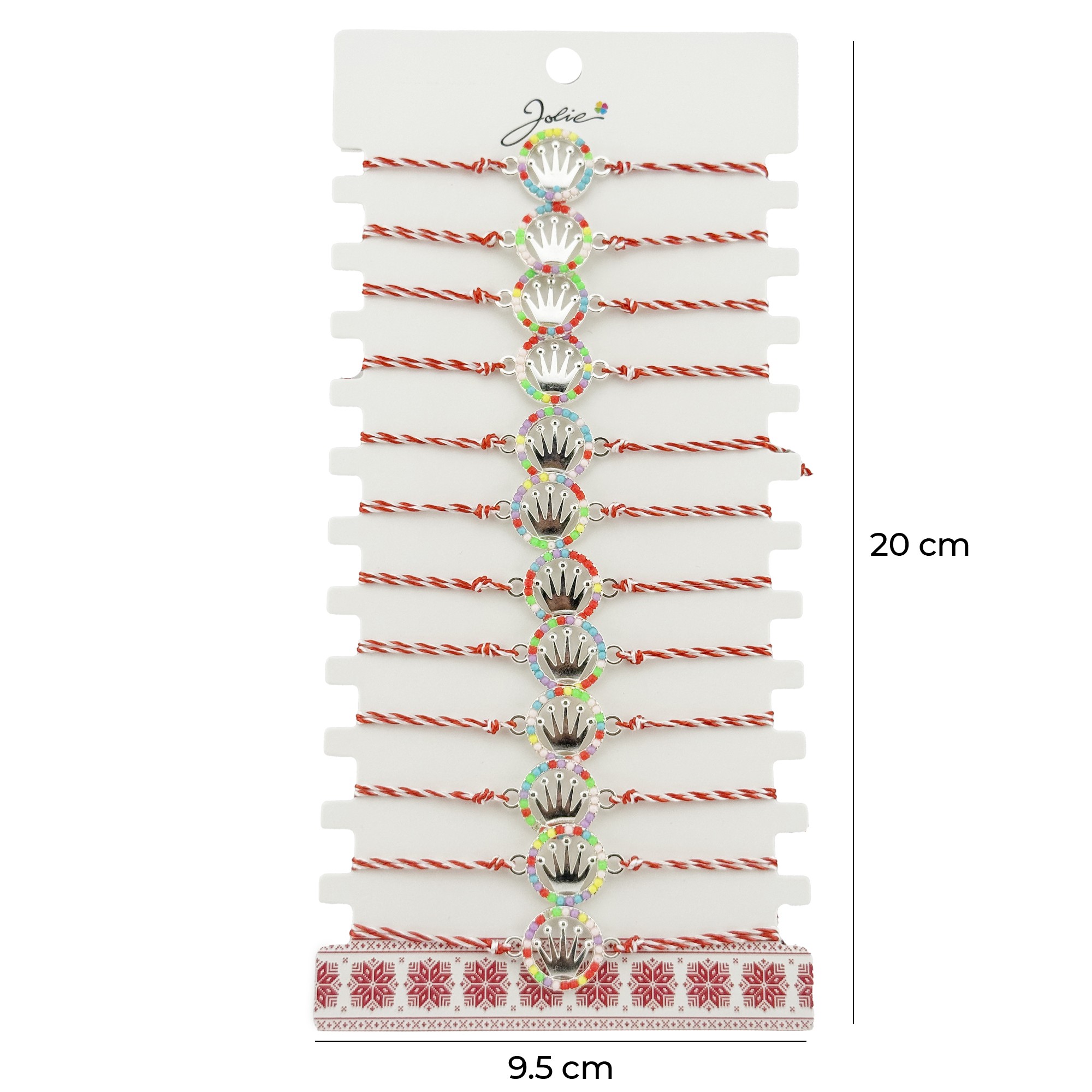 Bratara Martisor pentru Dama, Jolie, Model Coroana, Set 12 bucati, Pandativ Argintiu din Inox cu Elemente Multicolore, Snur Alb/Rosu