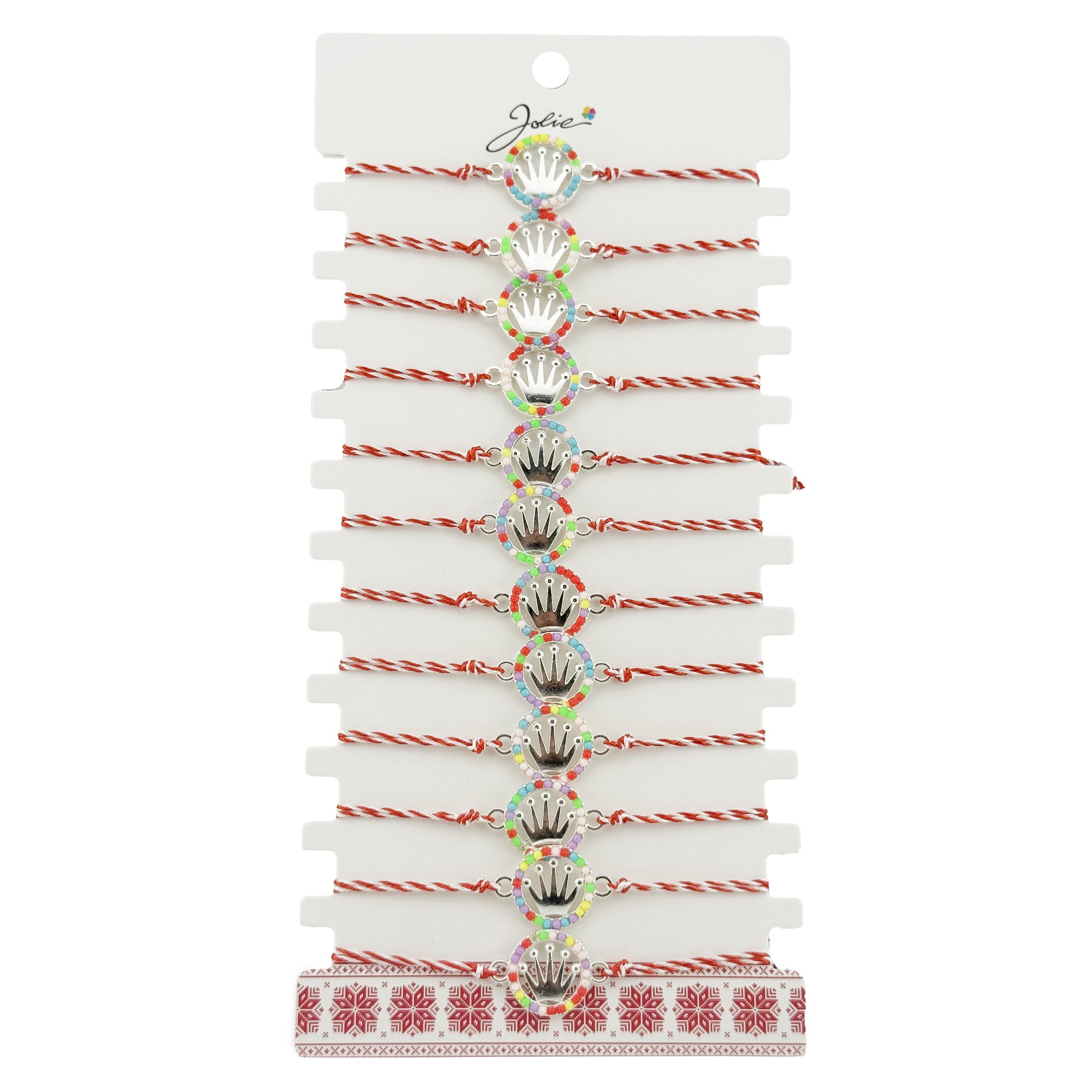Bratara Martisor pentru Dama, Jolie, Model Coroana, Set 12 bucati, Pandativ Argintiu din Inox cu Elemente Multicolore, Snur Alb/Rosu