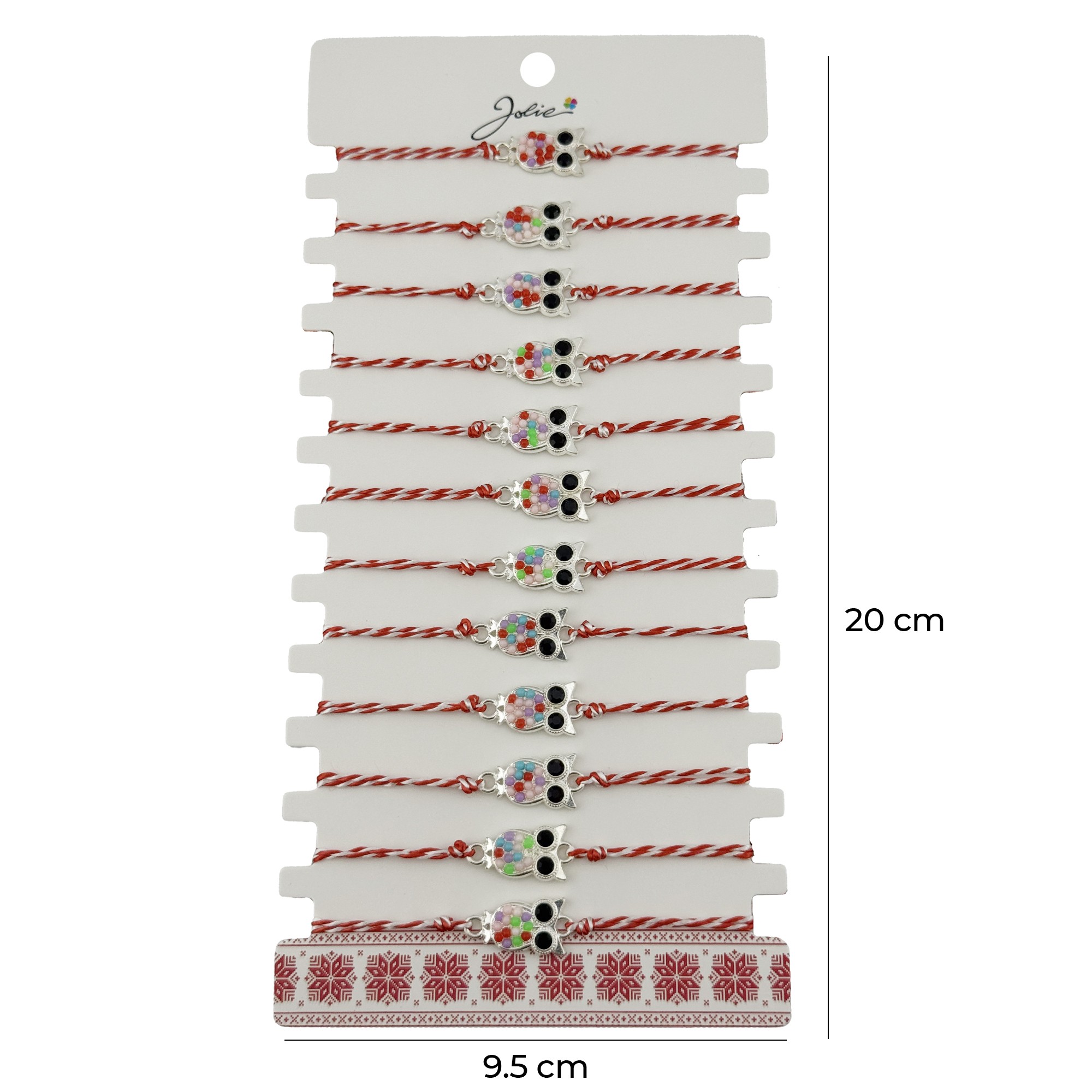 Bratara Martisor pentru Dama, Jolie, Model Bufnita, Set 12 bucati, Pandativ Argintiu din Inox cu Elemente Multicolore, Snur Alb/Rosu