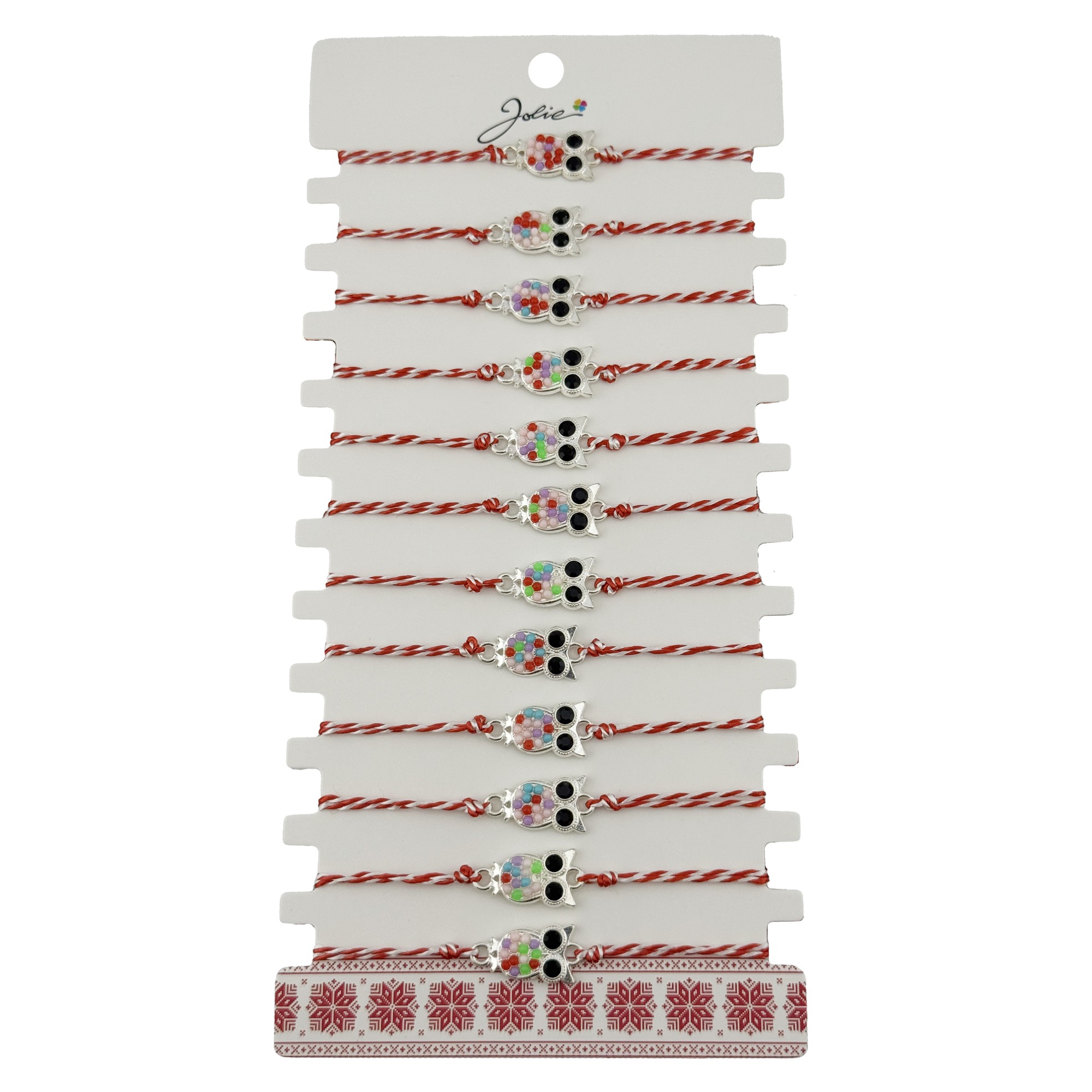 Bratara Martisor pentru Dama, Jolie, Model Bufnita, Set 12 bucati, Pandativ Argintiu din Inox cu Elemente Multicolore, Snur Alb/Rosu