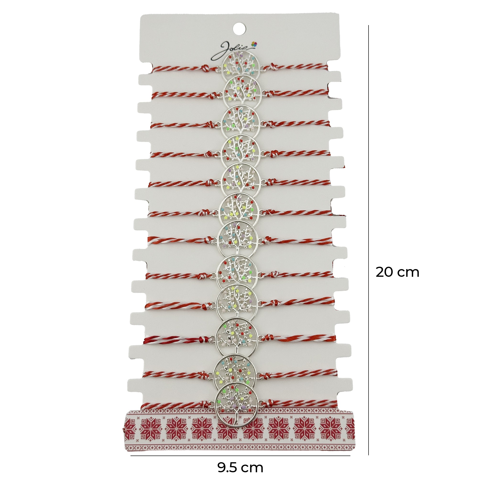 Bratara Martisor pentru Dama, Jolie, Model Copac Multicolor, Set 12 bucati, Pandativ Argintiu din Inox cu Elemente Multicolore, Snur Alb/Rosu