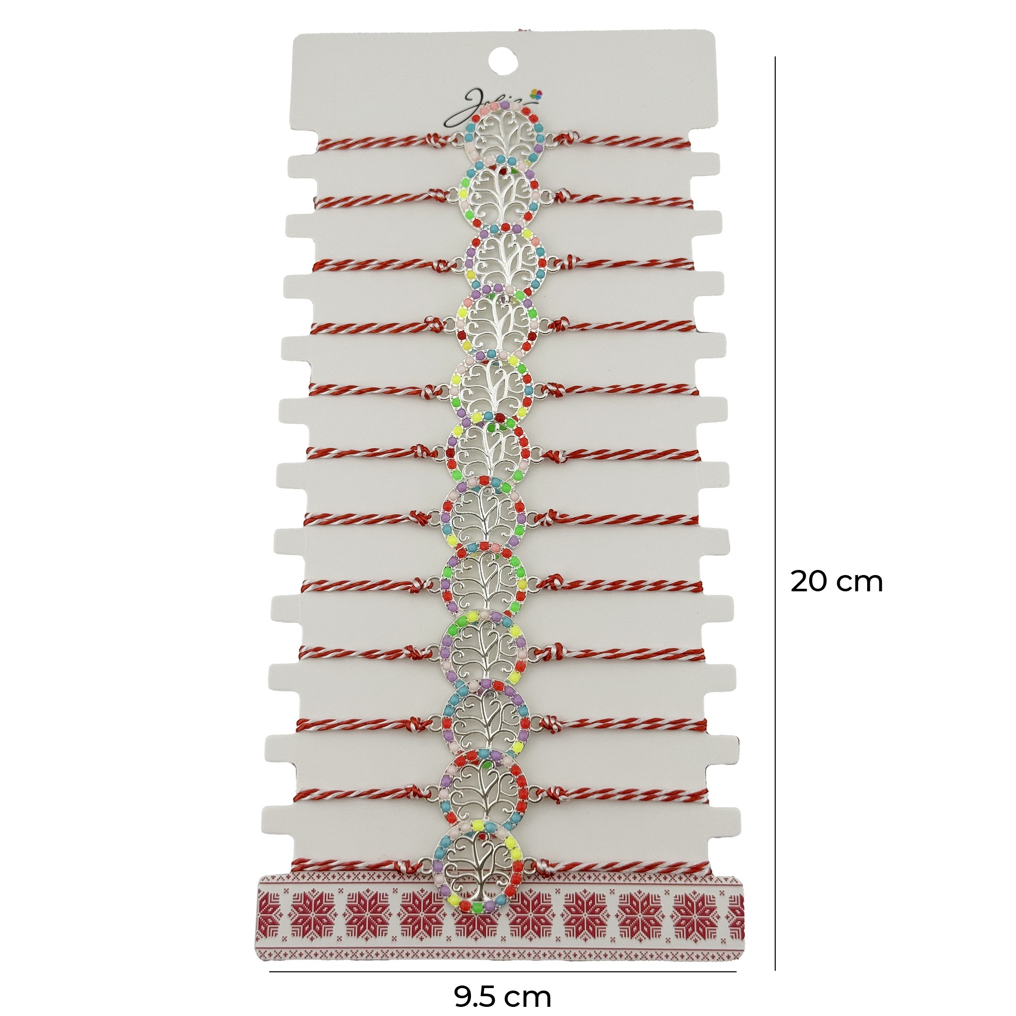 Bratara Martisor pentru Dama, Jolie, Model Copac, Set 12 bucati, Pandativ Argintiu din Inox cu Elemente Multicolore, Snur Alb/Rosu