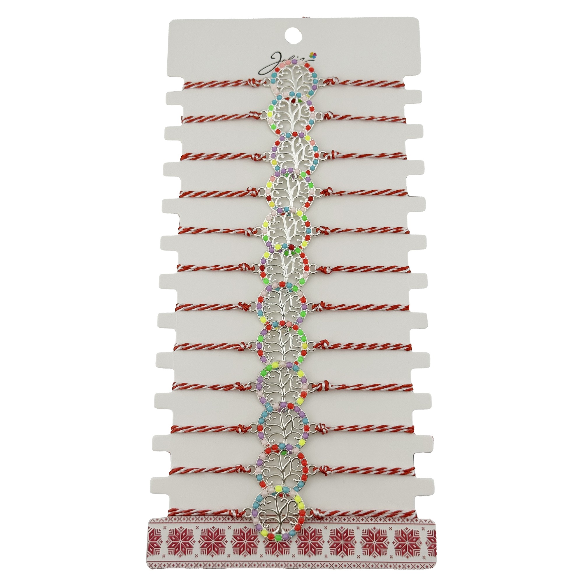 Bratara Martisor pentru Dama, Jolie, Model Copac, Set 12 bucati, Pandativ Argintiu din Inox cu Elemente Multicolore, Snur Alb/Rosu