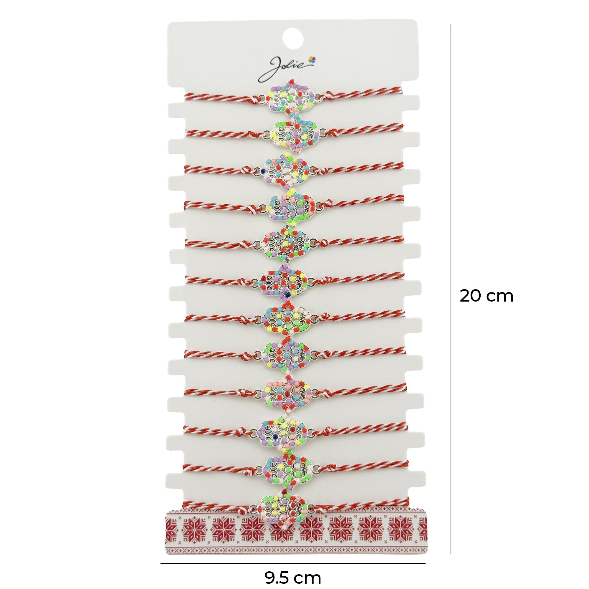 Bratara Martisor pentru Dama, Jolie, Model Floare, Set 12 bucati, Pandativ Argintiu din Inox cu Elemente Multicolore, Snur Alb/Rosu
