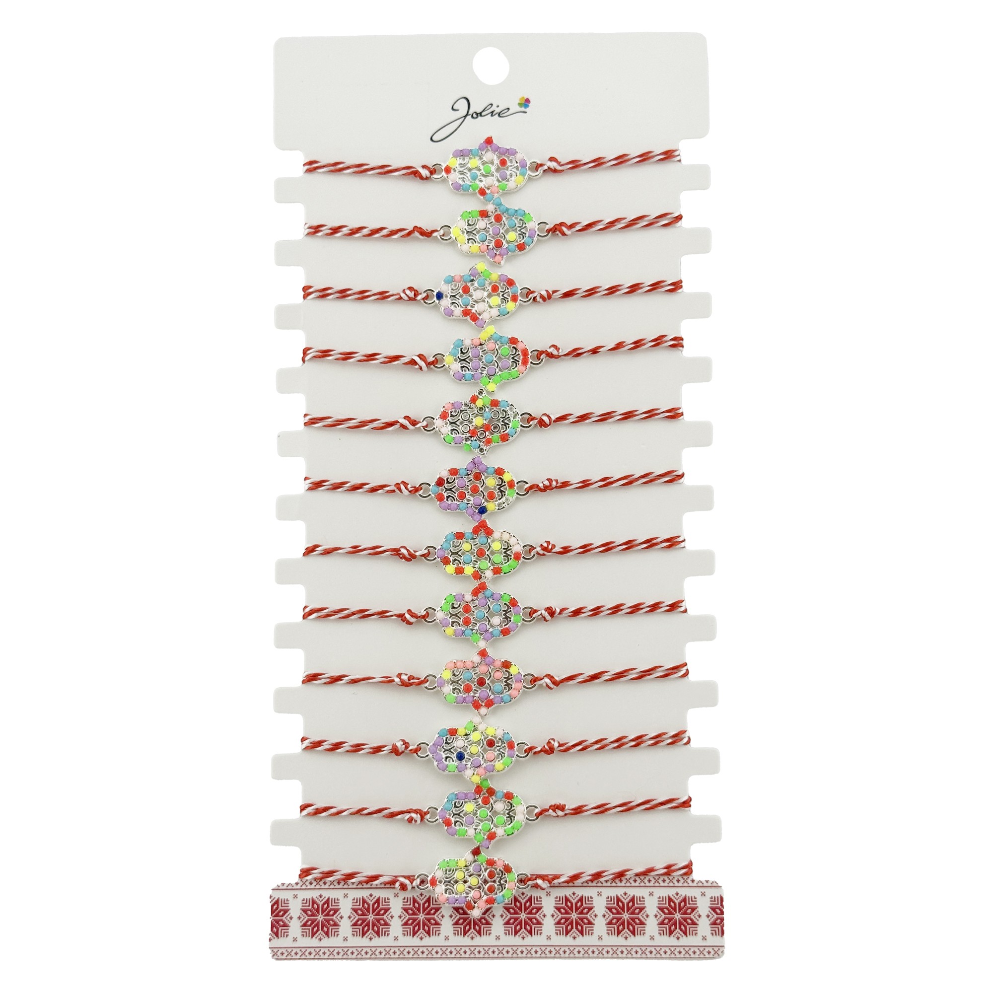 Bratara Martisor pentru Dama, Jolie, Model Floare, Set 12 bucati, Pandativ Argintiu din Inox cu Elemente Multicolore, Snur Alb/Rosu