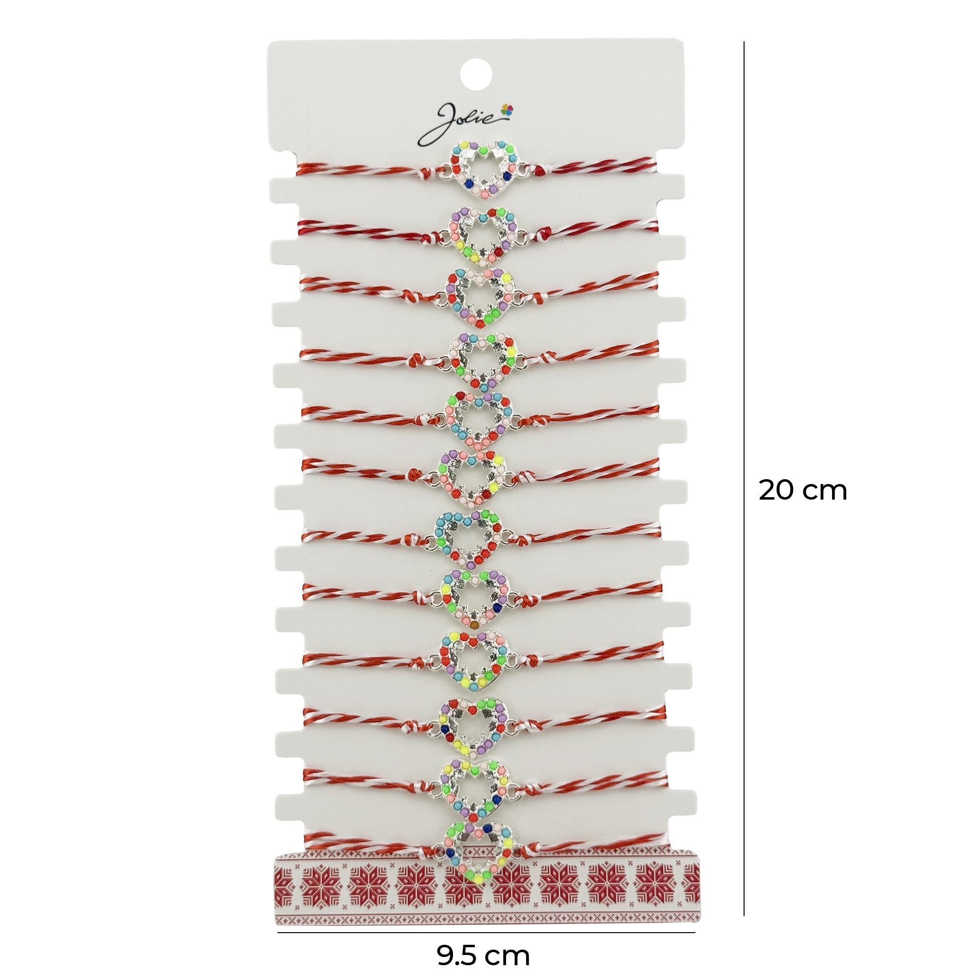 Bratara Martisor pentru Dama, Jolie, Model Inima Multicolora, Set 12 bucati, Pandativ Argintiu din Inox cu Elemente Multicolore, Snur Alb/Rosu