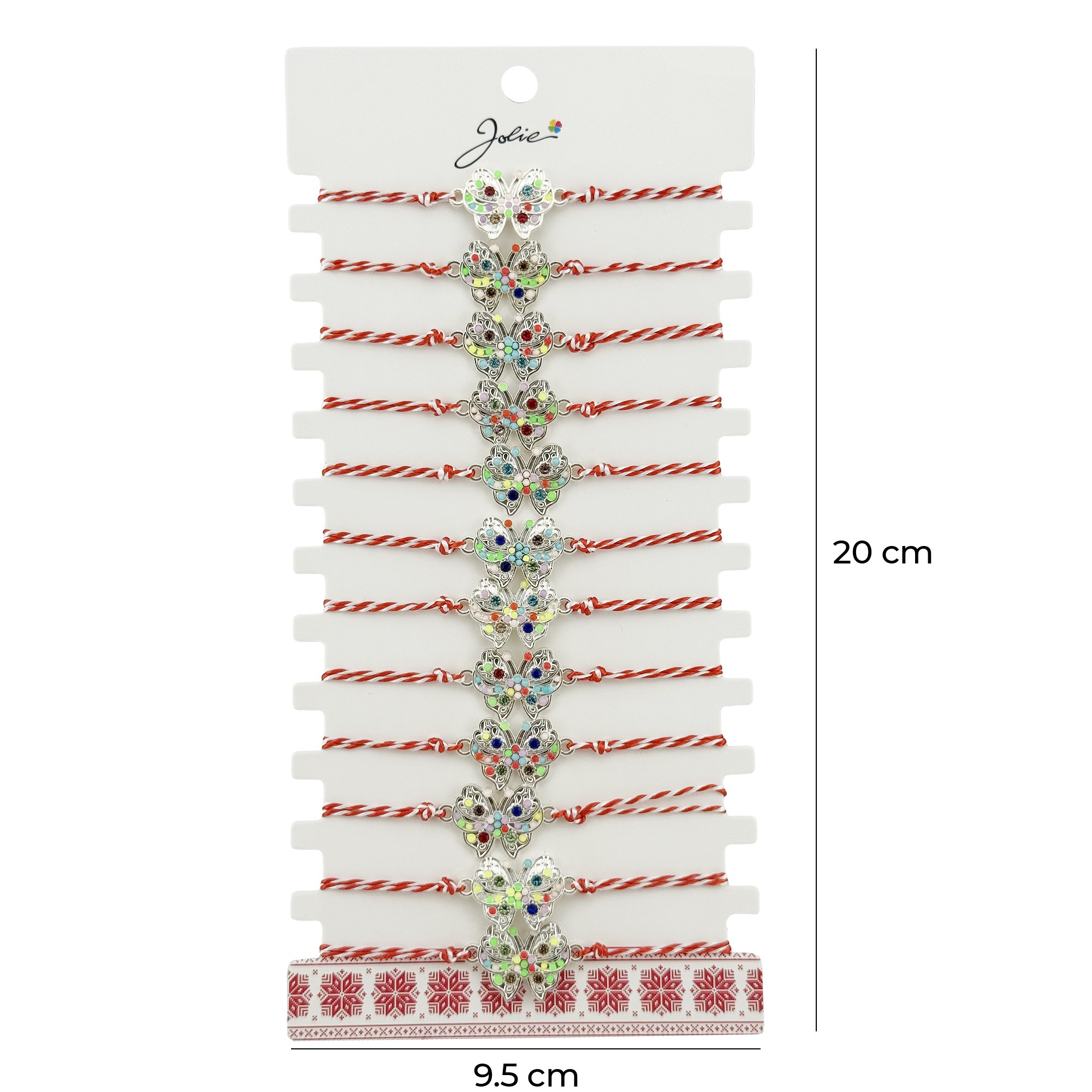 Bratara Martisor pentru Dama, Jolie, Model Fluture Multicolor, Set 12 bucati, Pandativ Argintiu din Inox cu Elemente Multicolore, Snur Alb/Rosu
