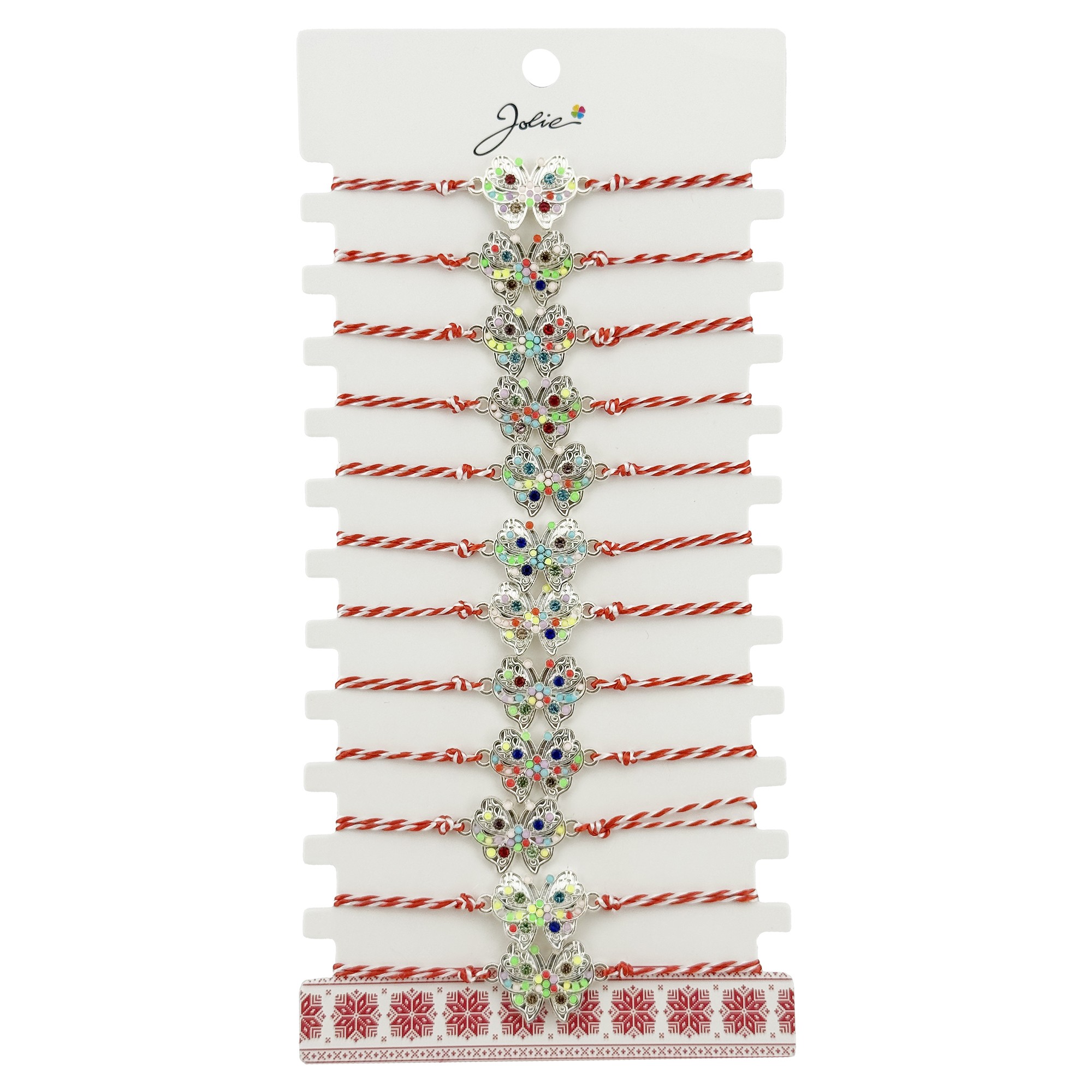 Bratara Martisor pentru Dama, Jolie, Model Fluture Multicolor, Set 12 bucati, Pandativ Argintiu din Inox cu Elemente Multicolore, Snur Alb/Rosu