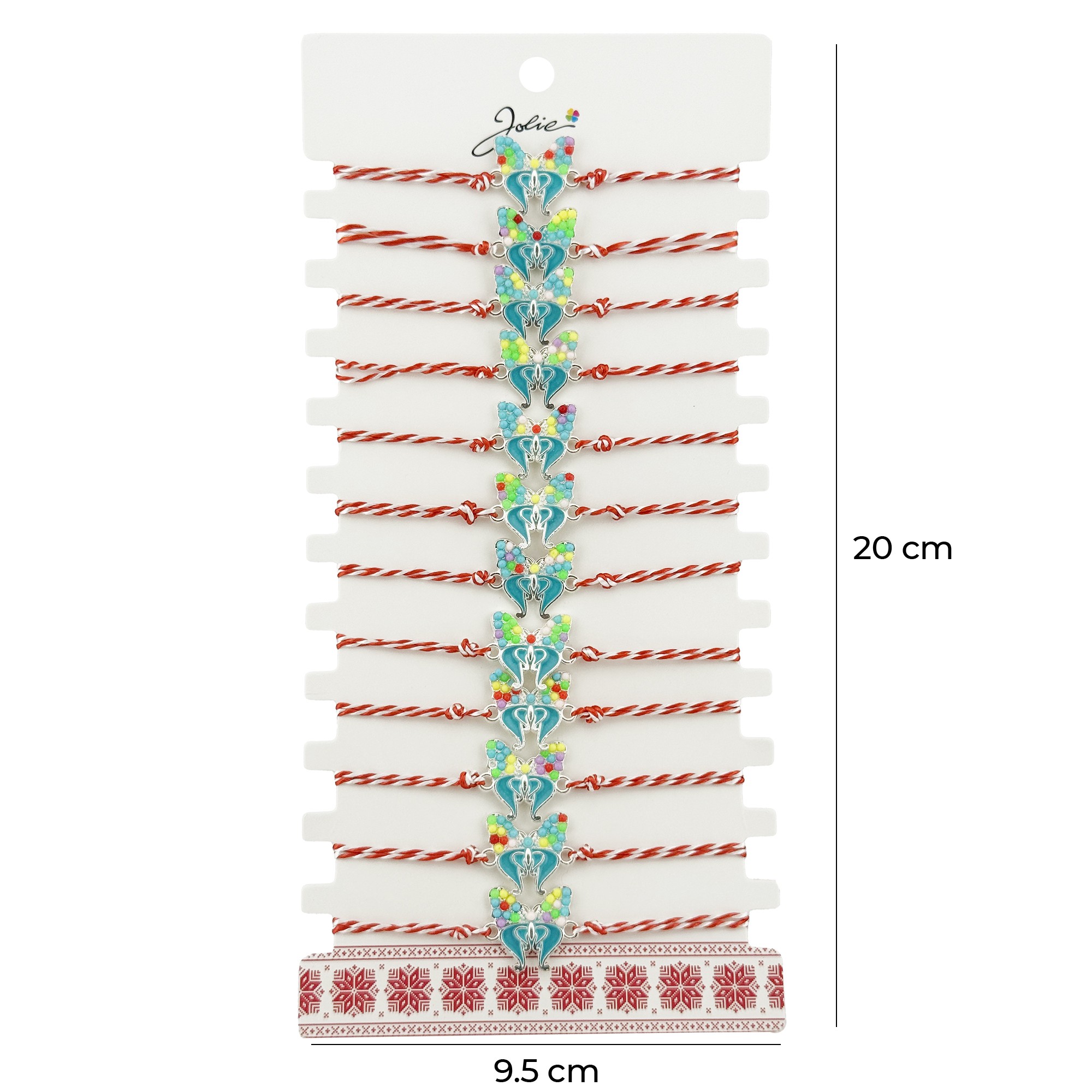 Bratara Martisor pentru Dama, Jolie, Model Fluturas Multicolor, Set 12 bucati, Pandativ Argintiu din Inox cu Elemente Multicolore, Snur Alb/Rosu