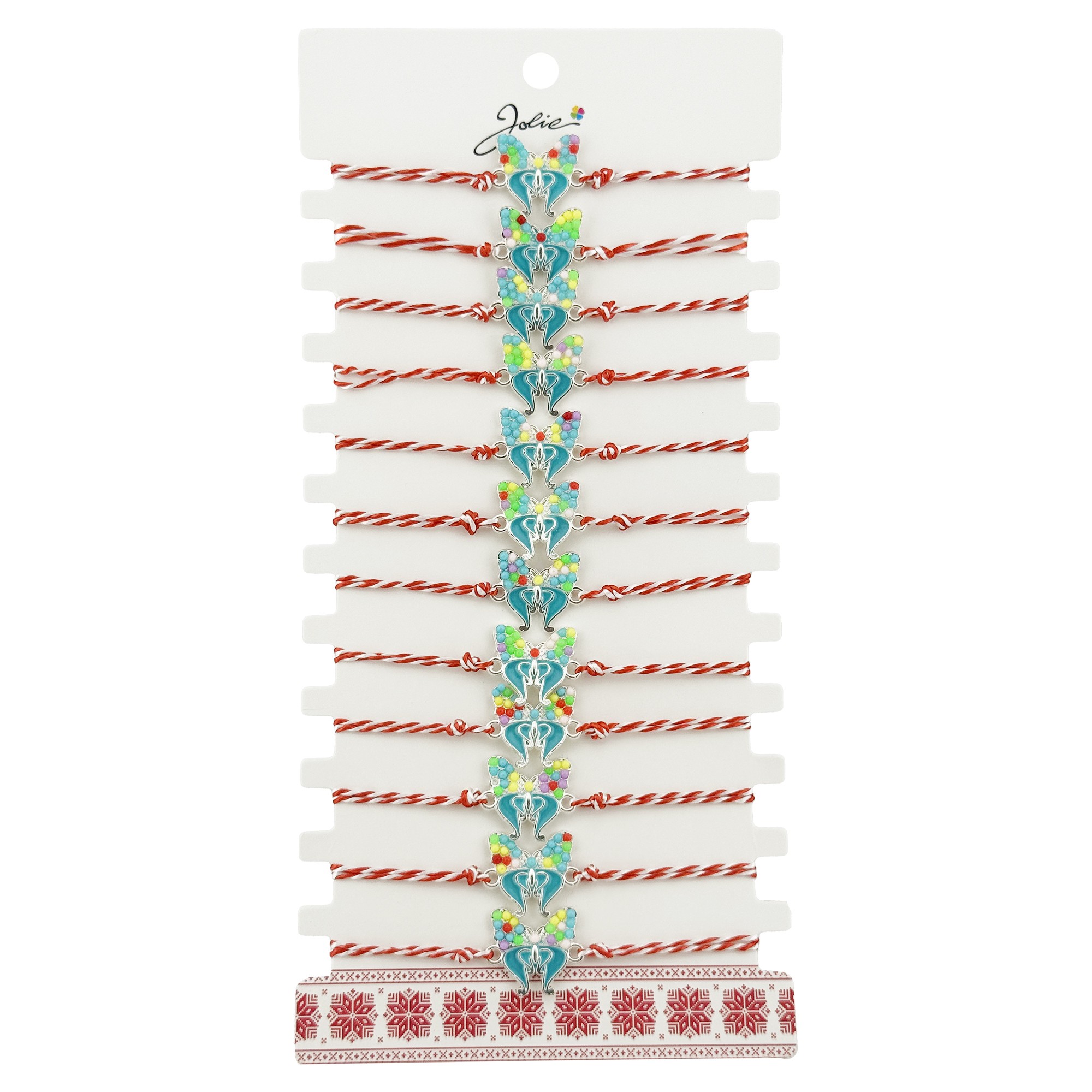 Bratara Martisor pentru Dama, Jolie, Model Fluturas Multicolor, Set 12 bucati, Pandativ Argintiu din Inox cu Elemente Multicolore, Snur Alb/Rosu