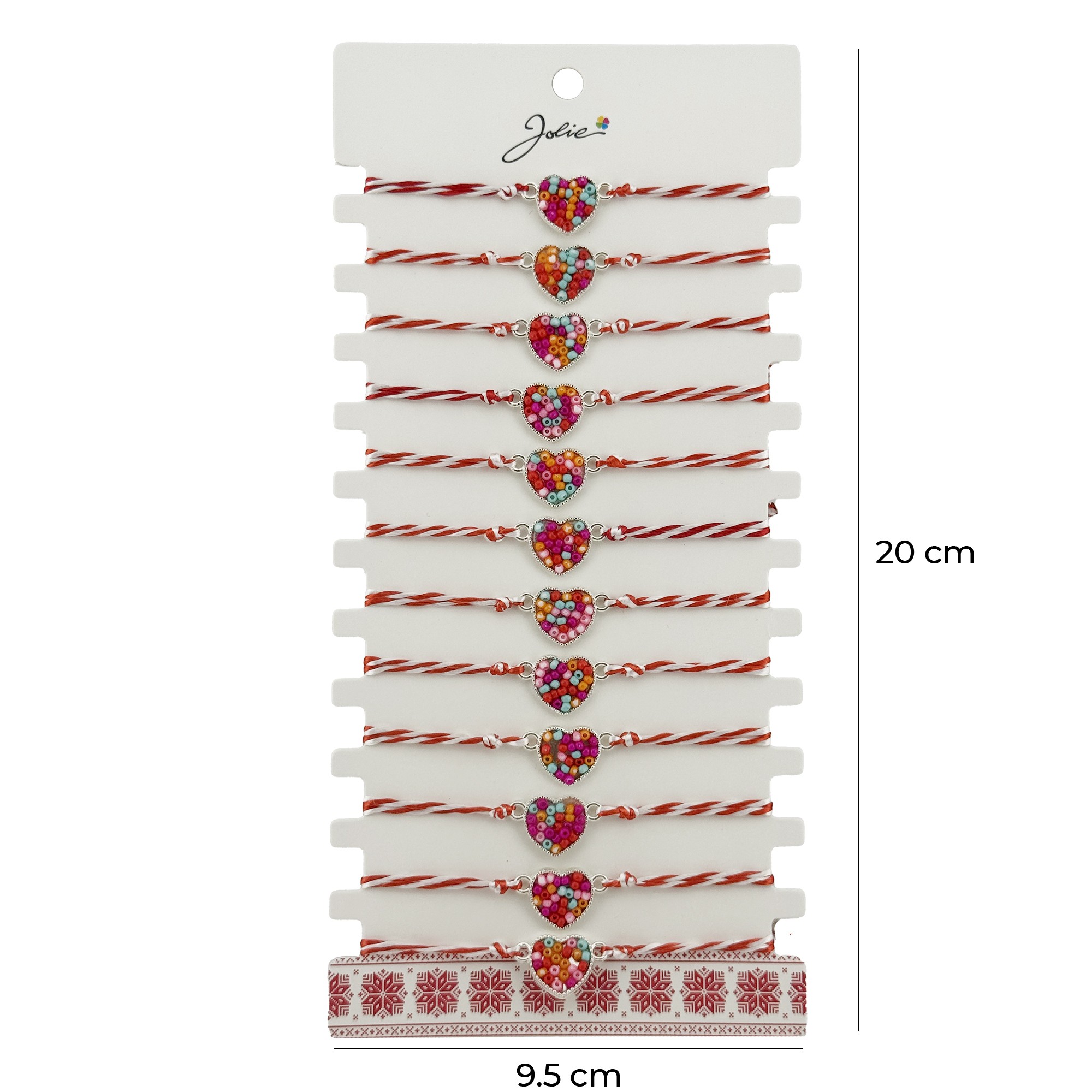 Bratara Martisor pentru Dama, Jolie, Model Inima Colorata, Set 12 bucati, Pandativ Argintiu din Inox cu Elemente Multicolore, Snur Alb/Rosu