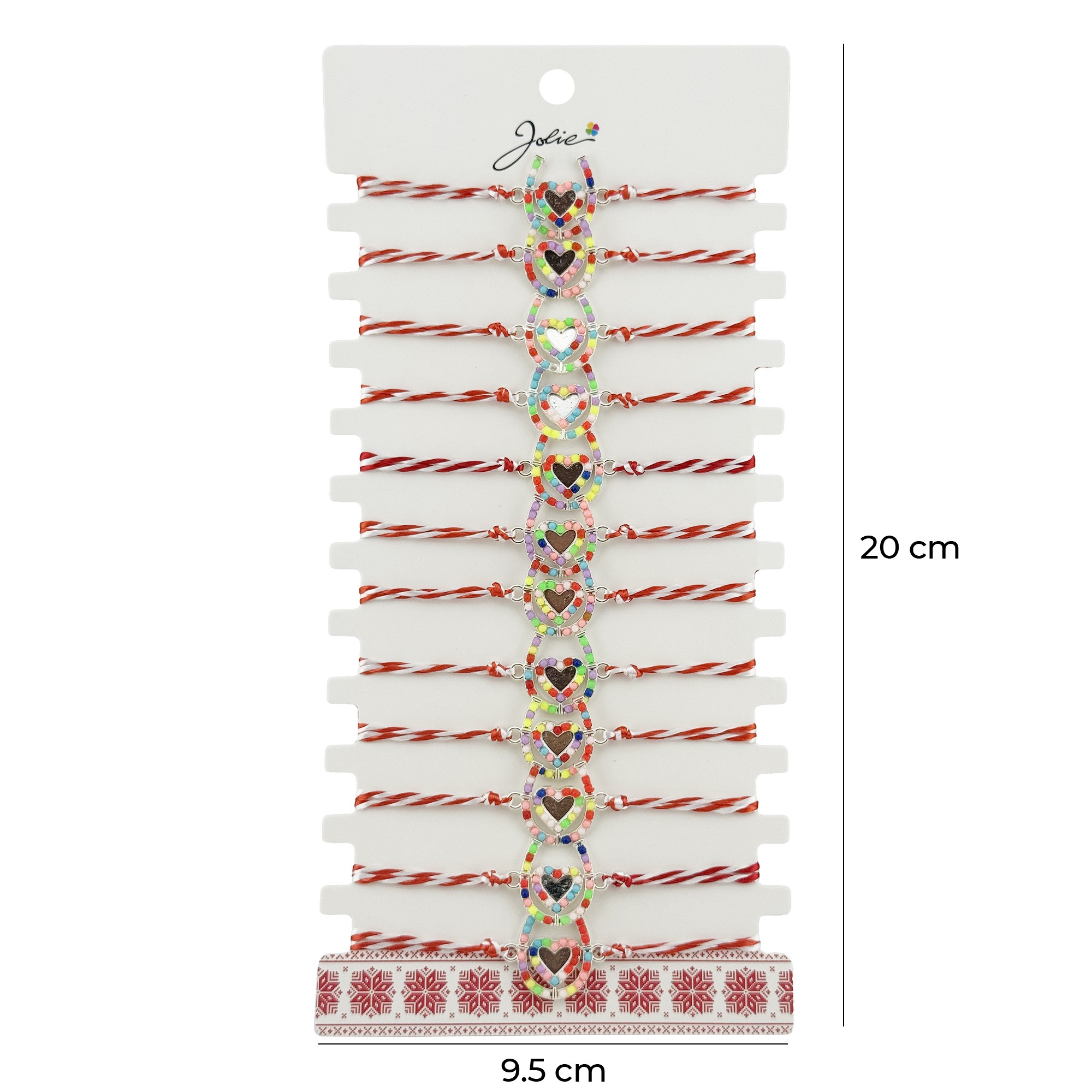 Bratara Martisor pentru Dama, Jolie, Model Potcoava Multicolora, Set 12 bucati, Pandativ Argintiu din Inox cu Elemente Multicolore, Snur Alb/Rosu