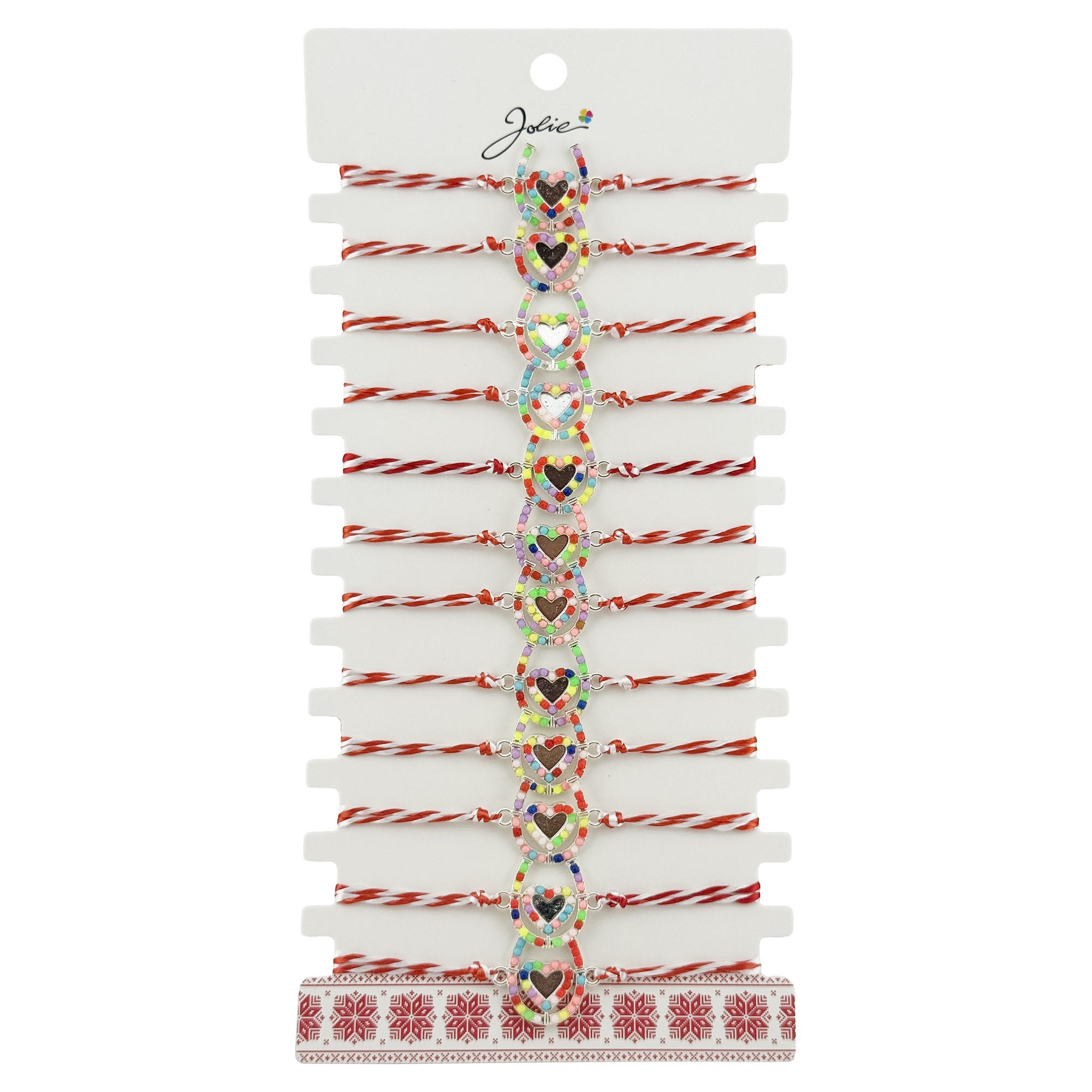 Bratara Martisor pentru Dama, Jolie, Model Potcoava Multicolora, Set 12 bucati, Pandativ Argintiu din Inox cu Elemente Multicolore, Snur Alb/Rosu