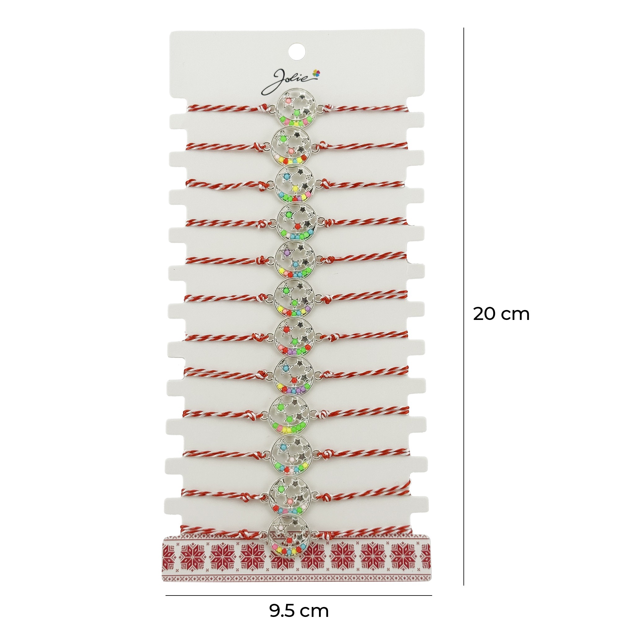 Bratara Martisor pentru Dama, Jolie, Model Luna cu Stele, Set 12 bucati, Pandativ Argintiu din Inox cu Elemente Multicolore, Snur Alb/Rosu