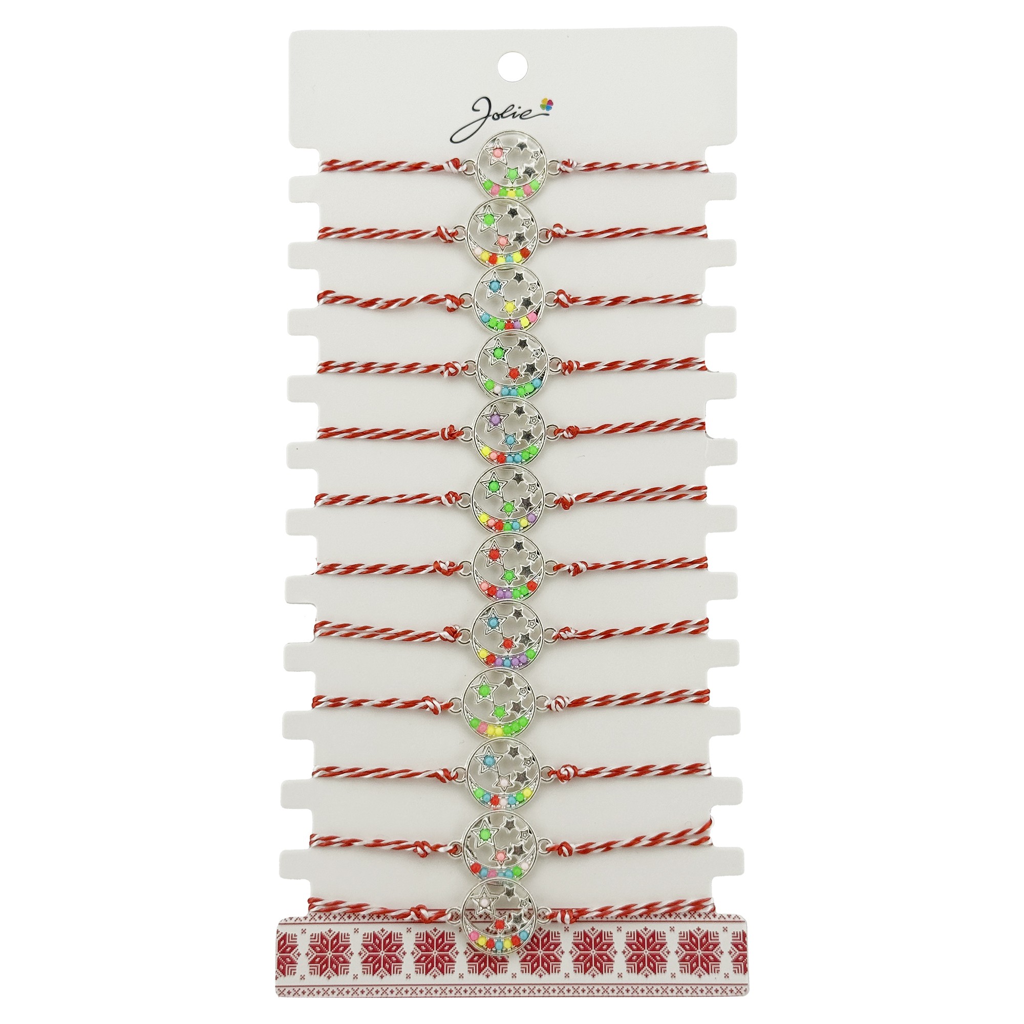 Bratara Martisor pentru Dama, Jolie, Model Luna cu Stele, Set 12 bucati, Pandativ Argintiu din Inox cu Elemente Multicolore, Snur Alb/Rosu