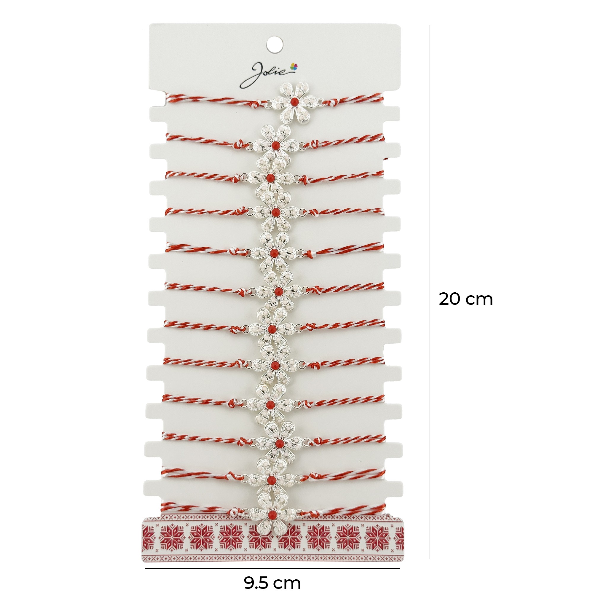 Bratara Martisor pentru Dama, Jolie, Model Floare Argintie, Set 12 bucati, Pandativ Argintiu din Inox cu Elemente Multicolore, Snur Alb/Rosu