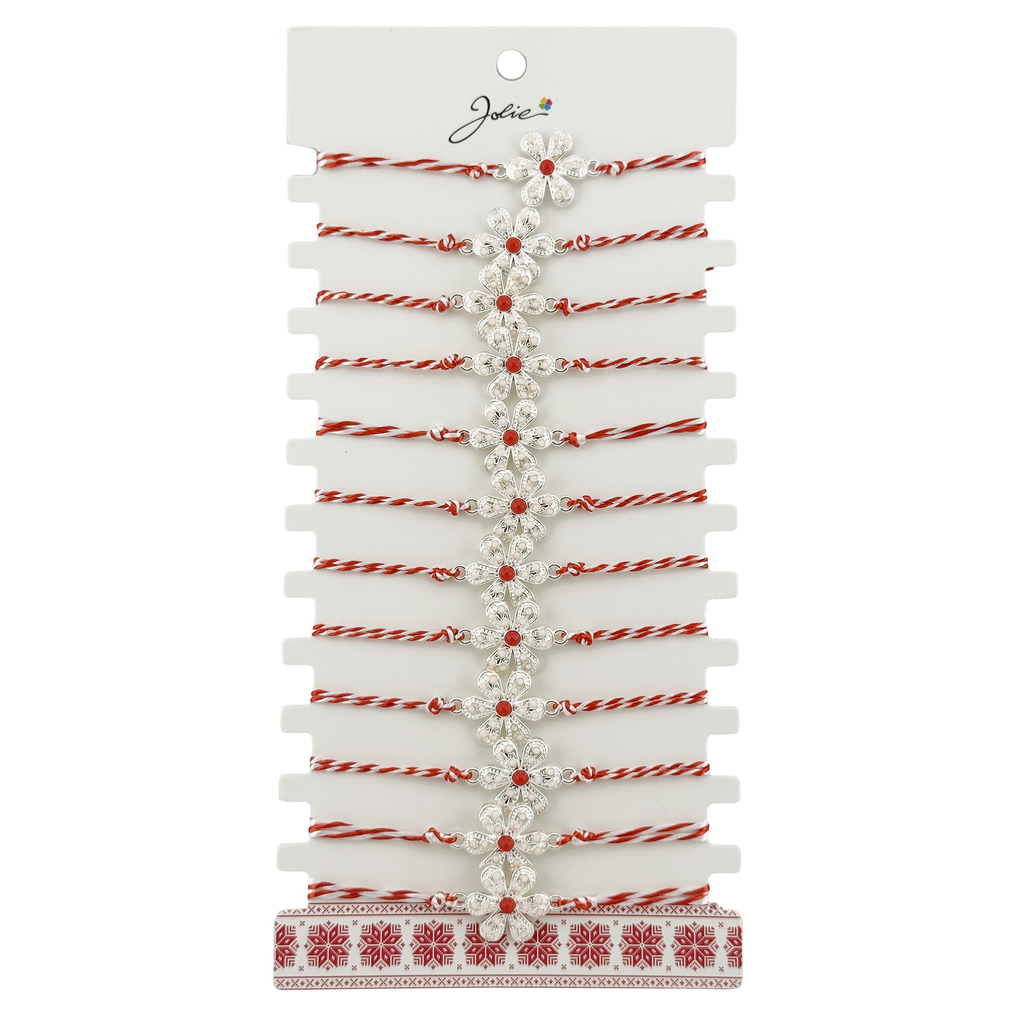 Bratara Martisor pentru Dama, Jolie, Model Floare Argintie, Set 12 bucati, Pandativ Argintiu din Inox cu Elemente Multicolore, Snur Alb/Rosu