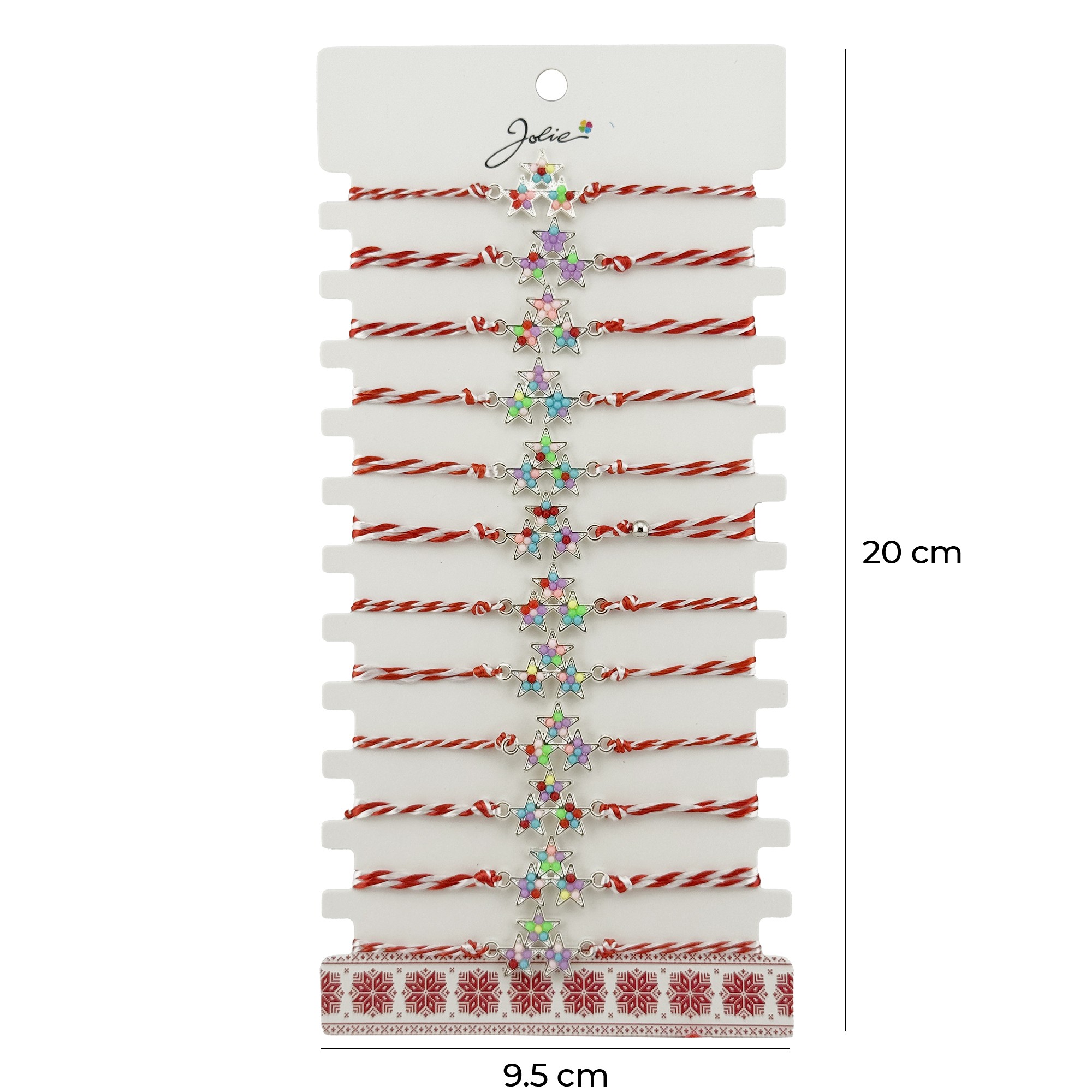 Bratara Martisor pentru Dama, Jolie, Model 3 Stele, Set 12 bucati, Pandativ Argintiu din Inox cu Elemente Multicolore, Snur Alb/Rosu