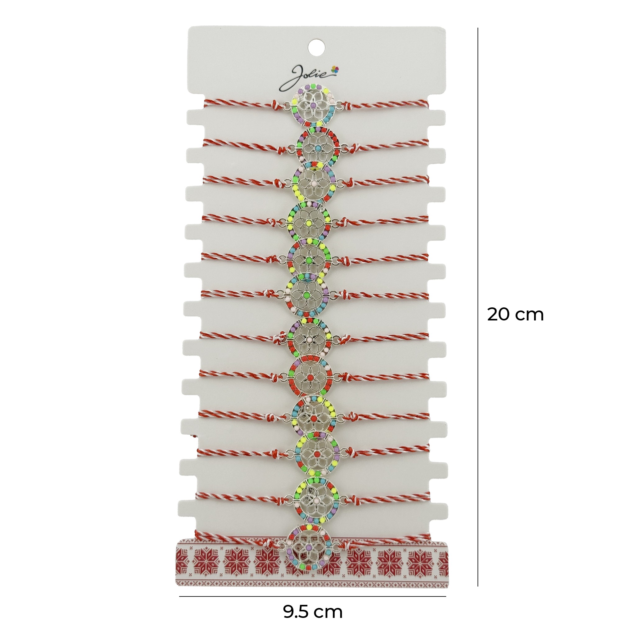 Bratara Martisor pentru Dama, Jolie, Model Floaricica in Cerc, Set 12 bucati, Pandativ Argintiu din Inox cu Elemente Multicolore, Snur Alb/Rosu