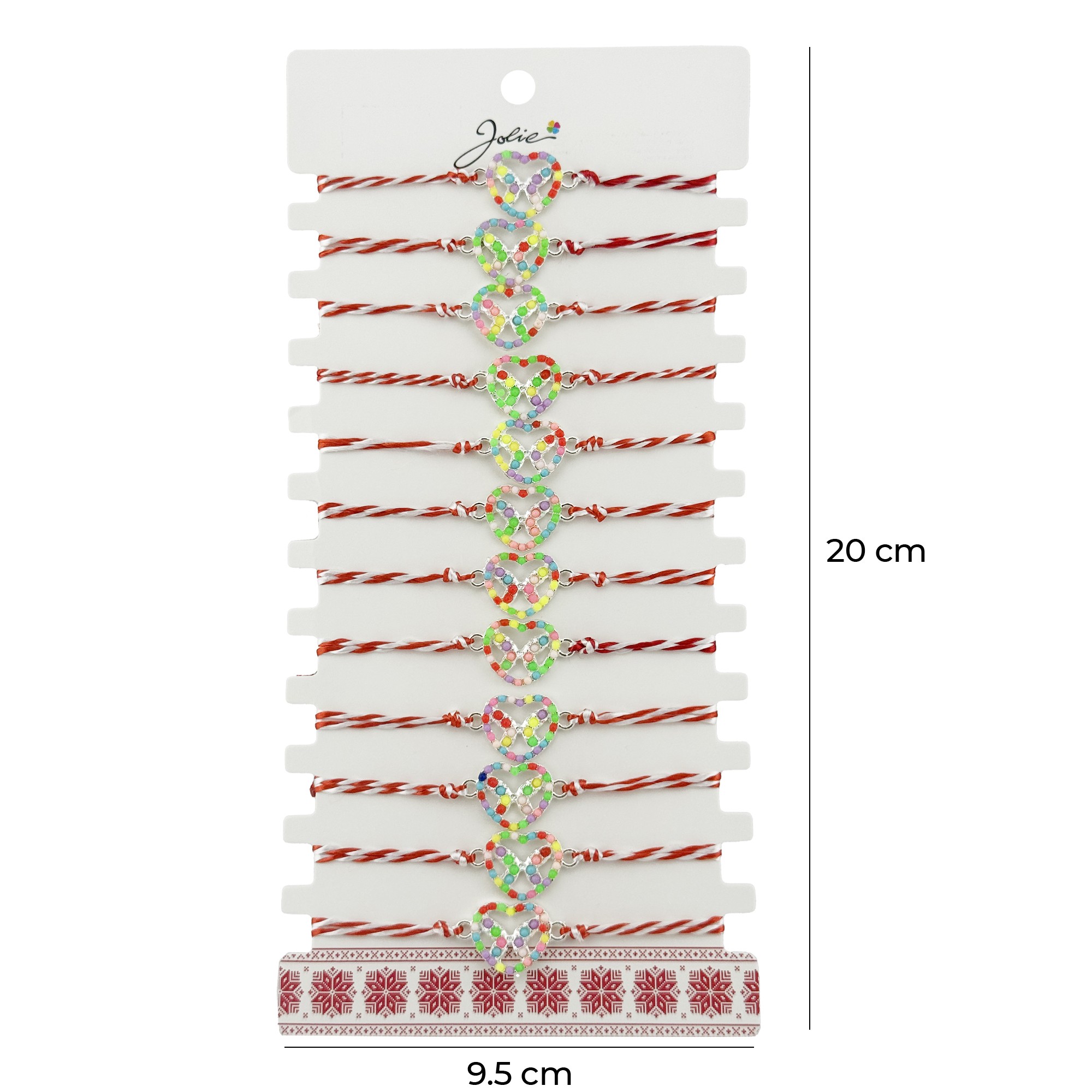 Bratara Martisor pentru Dama, Jolie, Model Fluturas in Inima, Set 12 bucati, Pandativ Argintiu din Inox cu Elemente Multicolore, Snur Alb/Rosu