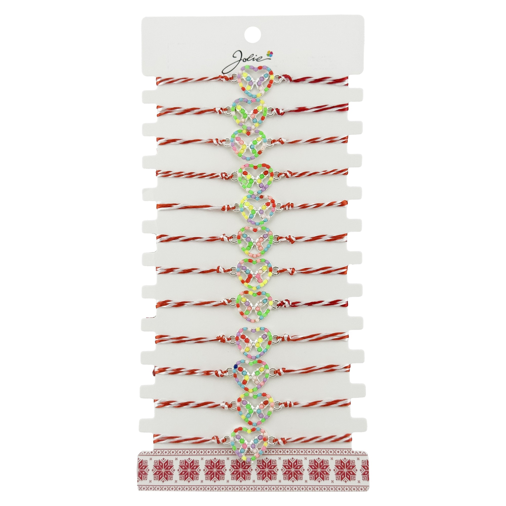 Bratara Martisor pentru Dama, Jolie, Model Fluturas in Inima, Set 12 bucati, Pandativ Argintiu din Inox cu Elemente Multicolore, Snur Alb/Rosu