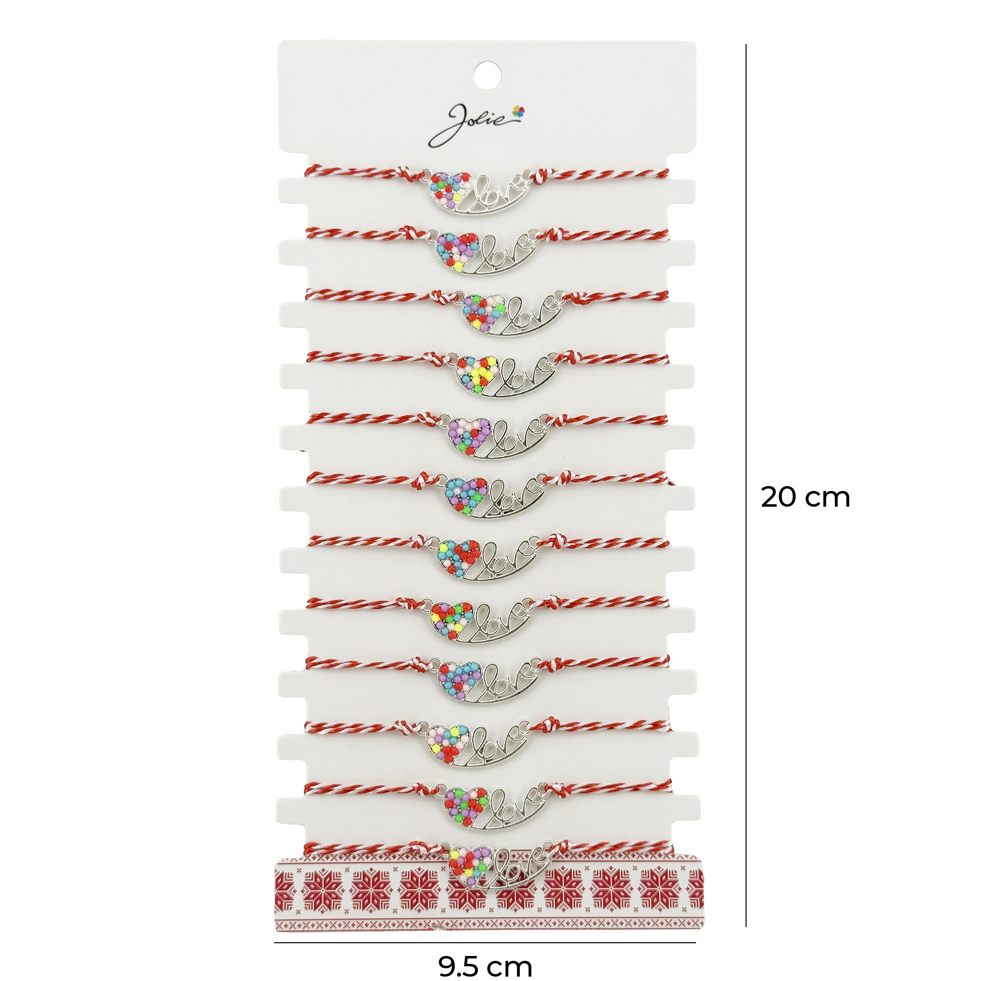 Bratara Martisor pentru Dama, Jolie, Model Inima LOVE, Set 12 bucati, Pandativ Argintiu din Inox cu Elemente Multicolore, Snur Alb/Rosu