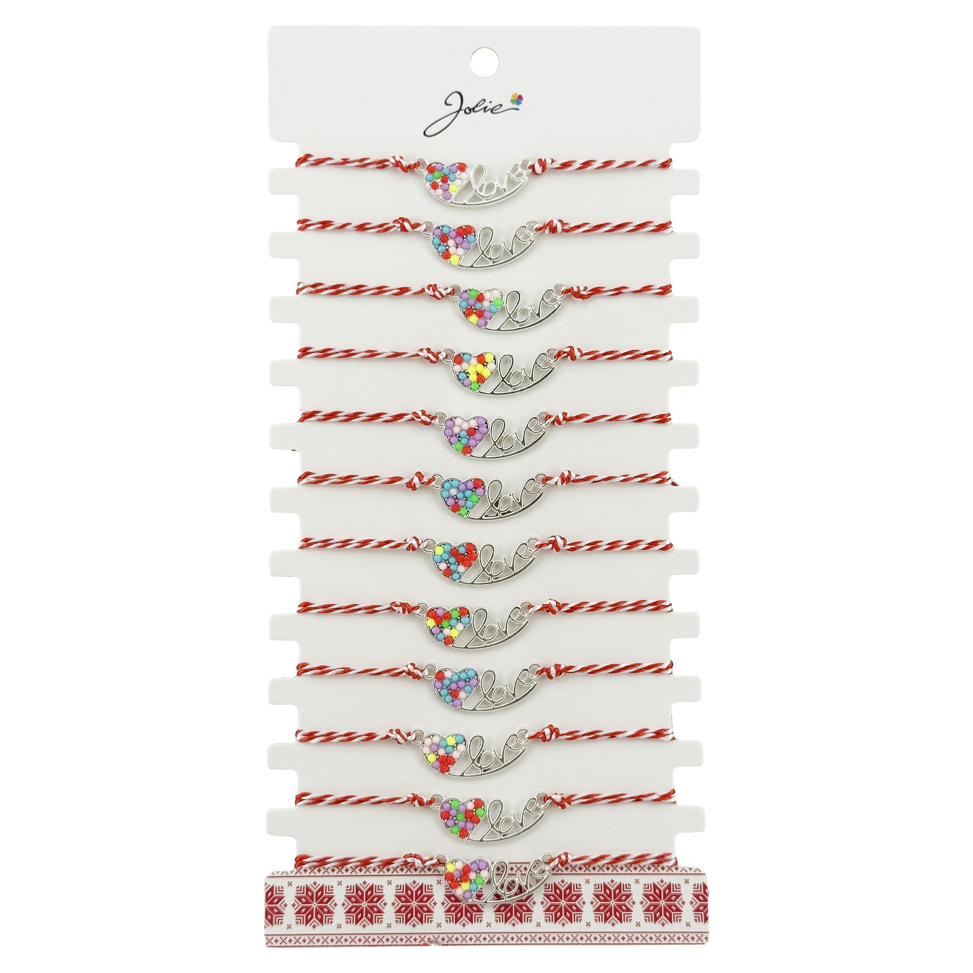 Bratara Martisor pentru Dama, Jolie, Model Inima LOVE, Set 12 bucati, Pandativ Argintiu din Inox cu Elemente Multicolore, Snur Alb/Rosu
