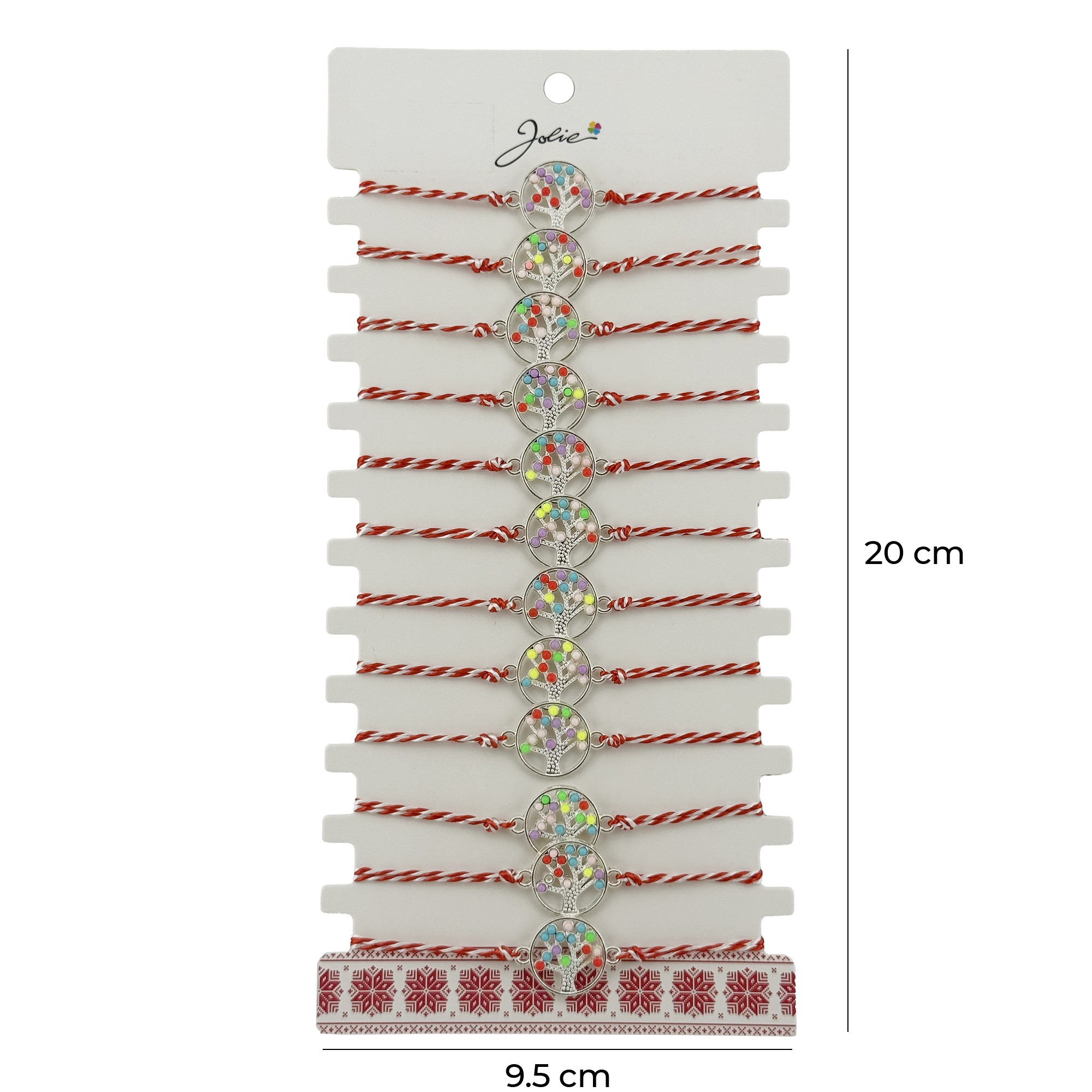 Bratara Martisor pentru Dama, Jolie, Model Copacel Colorat, Set 12 bucati, Pandativ Argintiu din Inox cu Elemente Multicolore, Snur Alb/Rosu