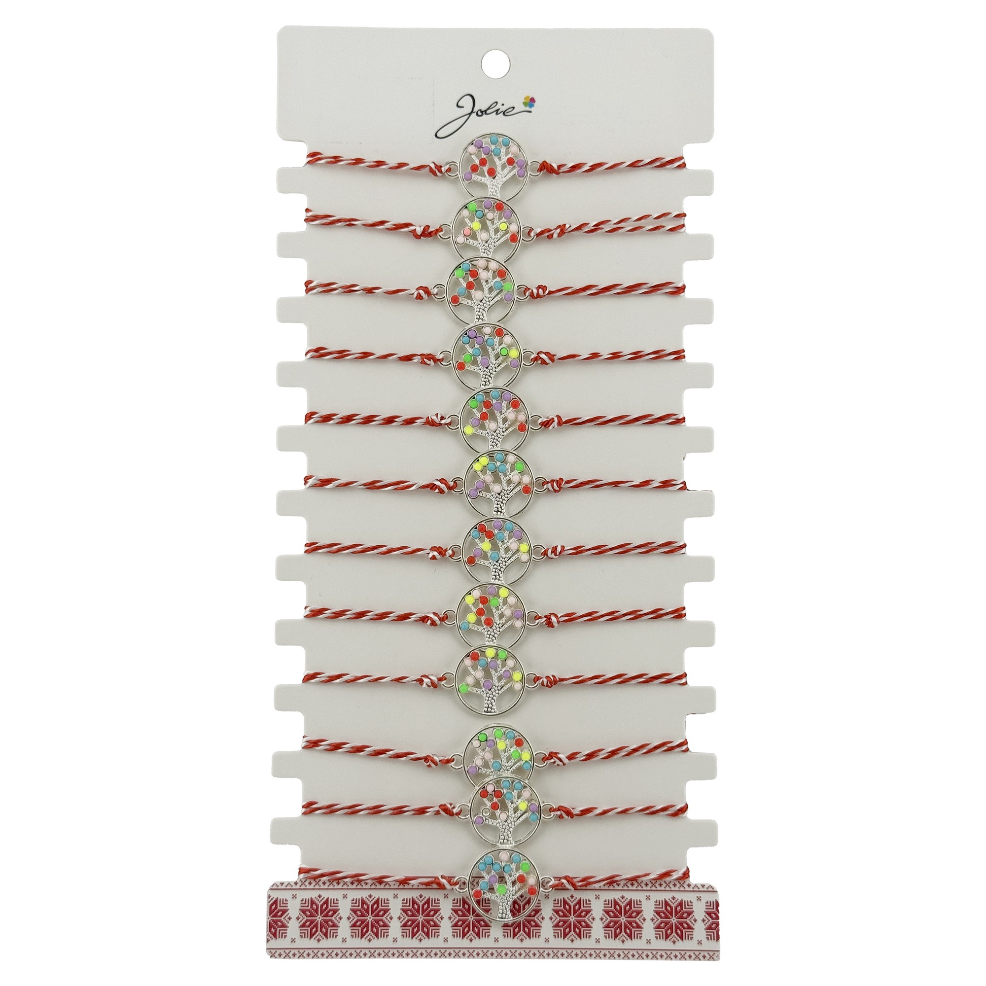 Bratara Martisor pentru Dama, Jolie, Model Copacel Colorat, Set 12 bucati, Pandativ Argintiu din Inox cu Elemente Multicolore, Snur Alb/Rosu