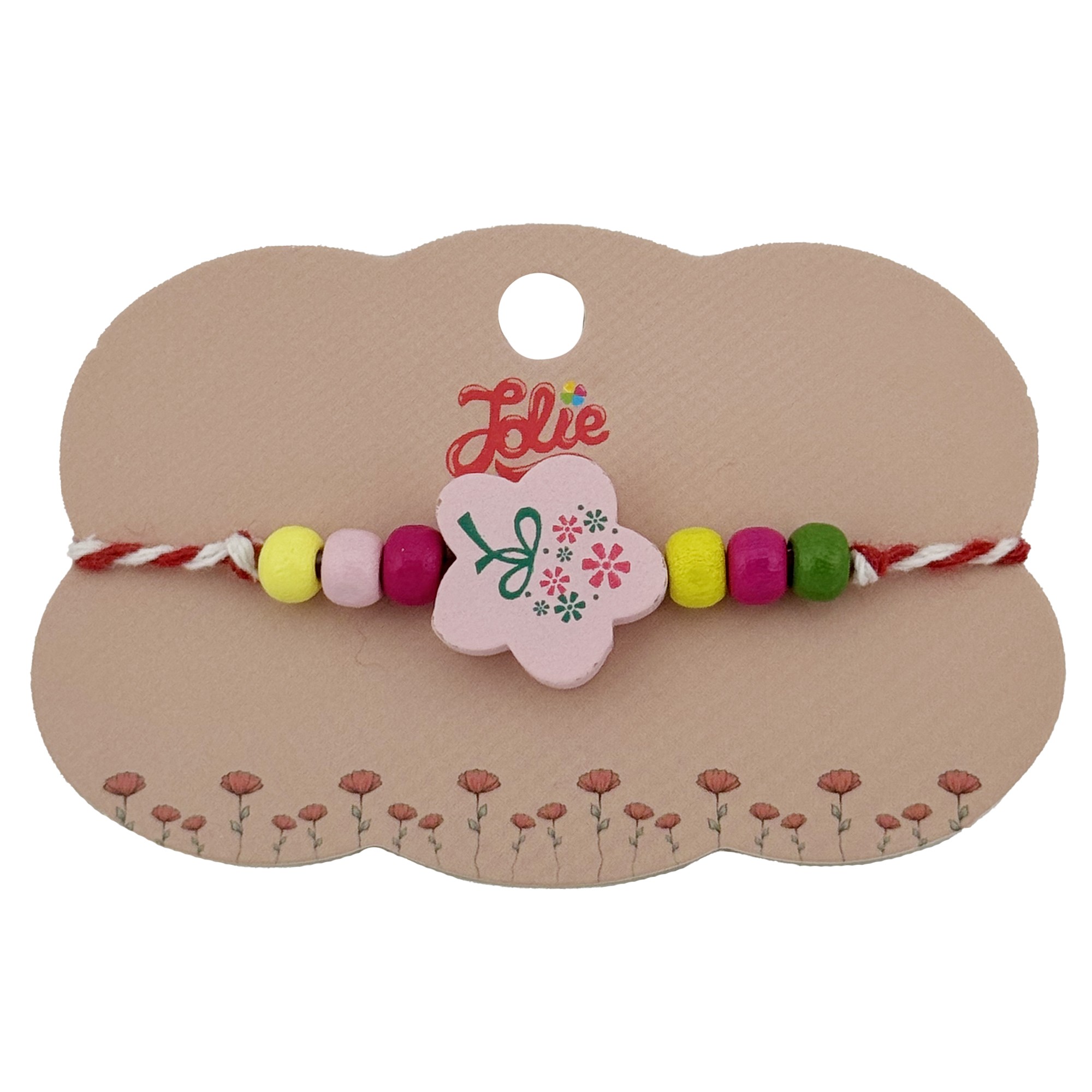 Bratara Martisor pentru Copii, Jolie, Pandativ Floare, cu Margele Multicolore, Snur Alb/Rosu, Roz/Multicolor