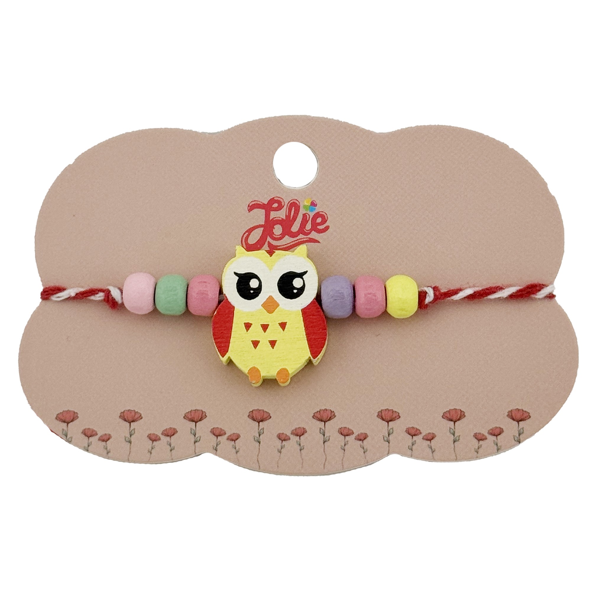 Bratara Martisor pentru Copii, Jolie, Pandativ Bufnita, cu Margele Multicolore, Snur Alb/Rosu, Galben