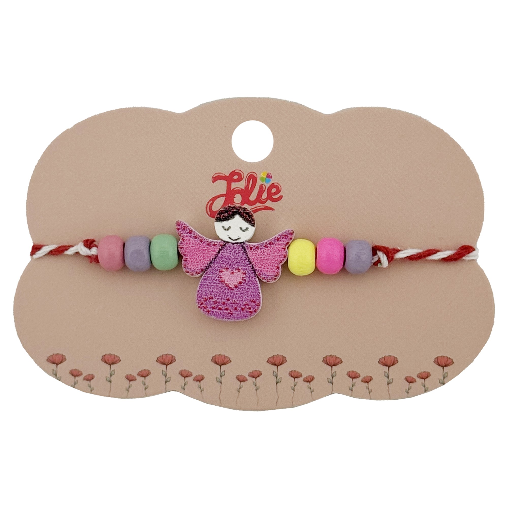 Bratara Martisor pentru Copii, Jolie, Pandativ Ingeras, cu Margele Multicolore, Snur Alb/Rosu, Mov/Multicolor